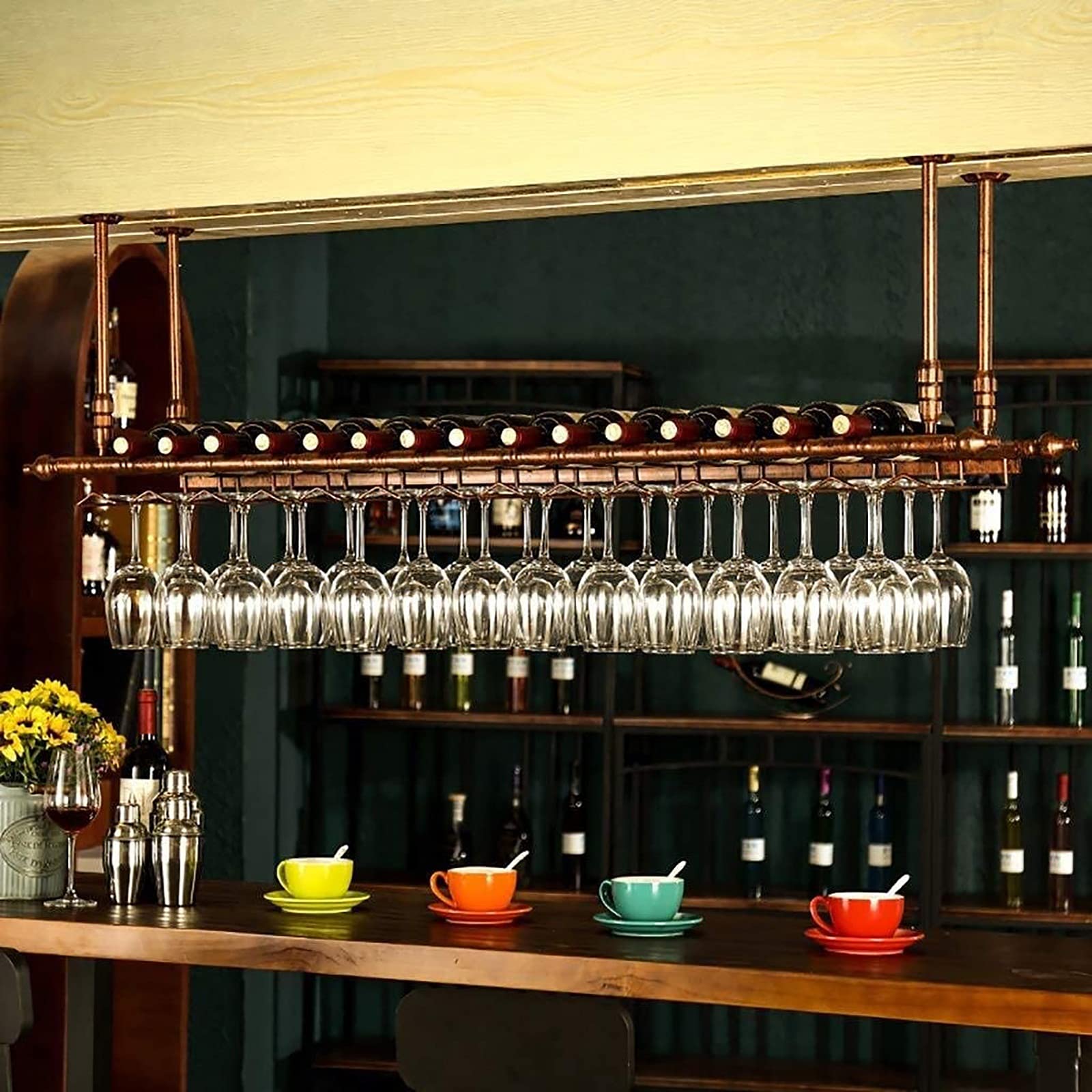 Casier à vin au plafond hauteur réglable et support verres à pied 100cm