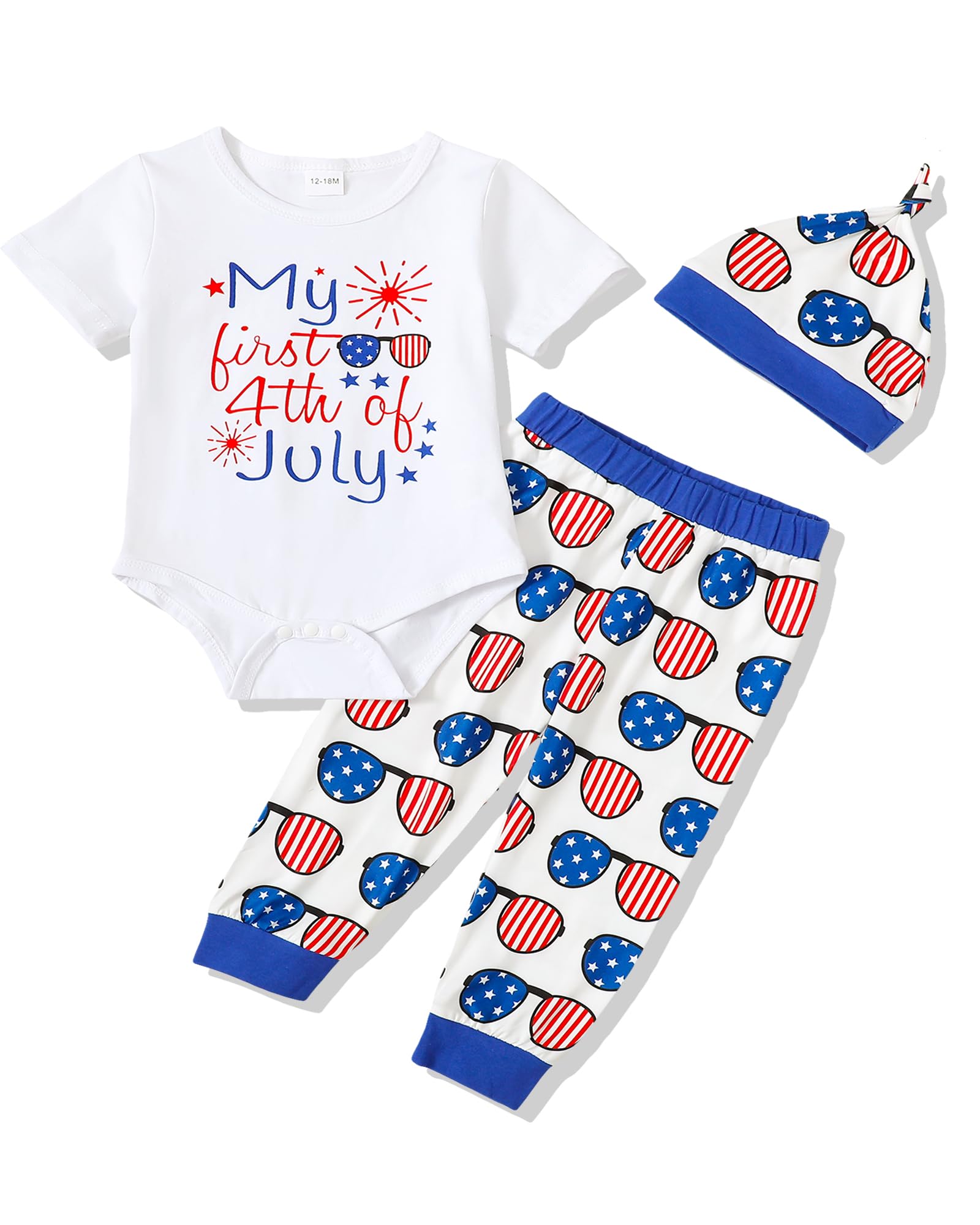 NZRVAWS 4th of July Newborn Boy Outfits Baby Boy Clothes Infant Letter Printed Romper USA Long Pants Set Hat Summer Spring Clothing
