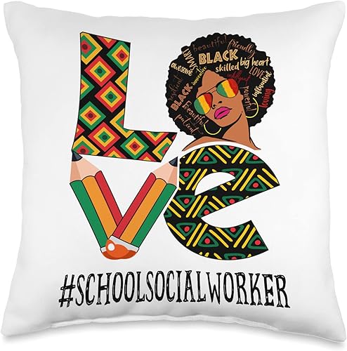 Black History Month Gifts & Apparel School Social Worker Love Afro African Black History Month Throw Pillow, 16x16, Multicolor