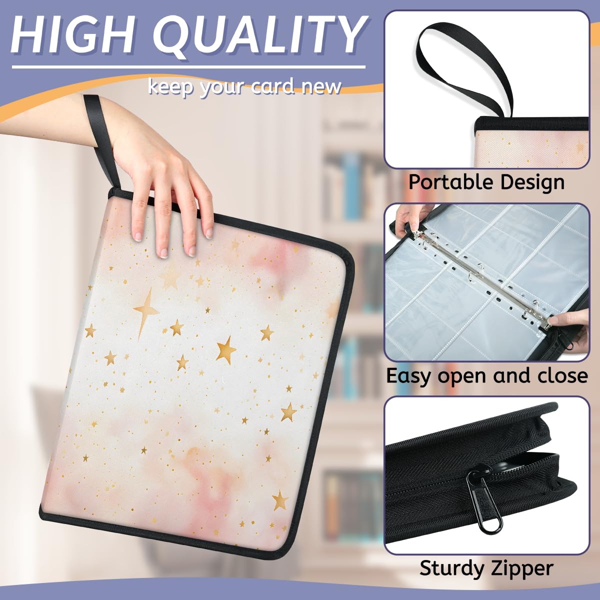 Raccoglitore per carte con 9 tasche, 900 tasche, con chiusura a cerniera (nuvole rosa Starlight)