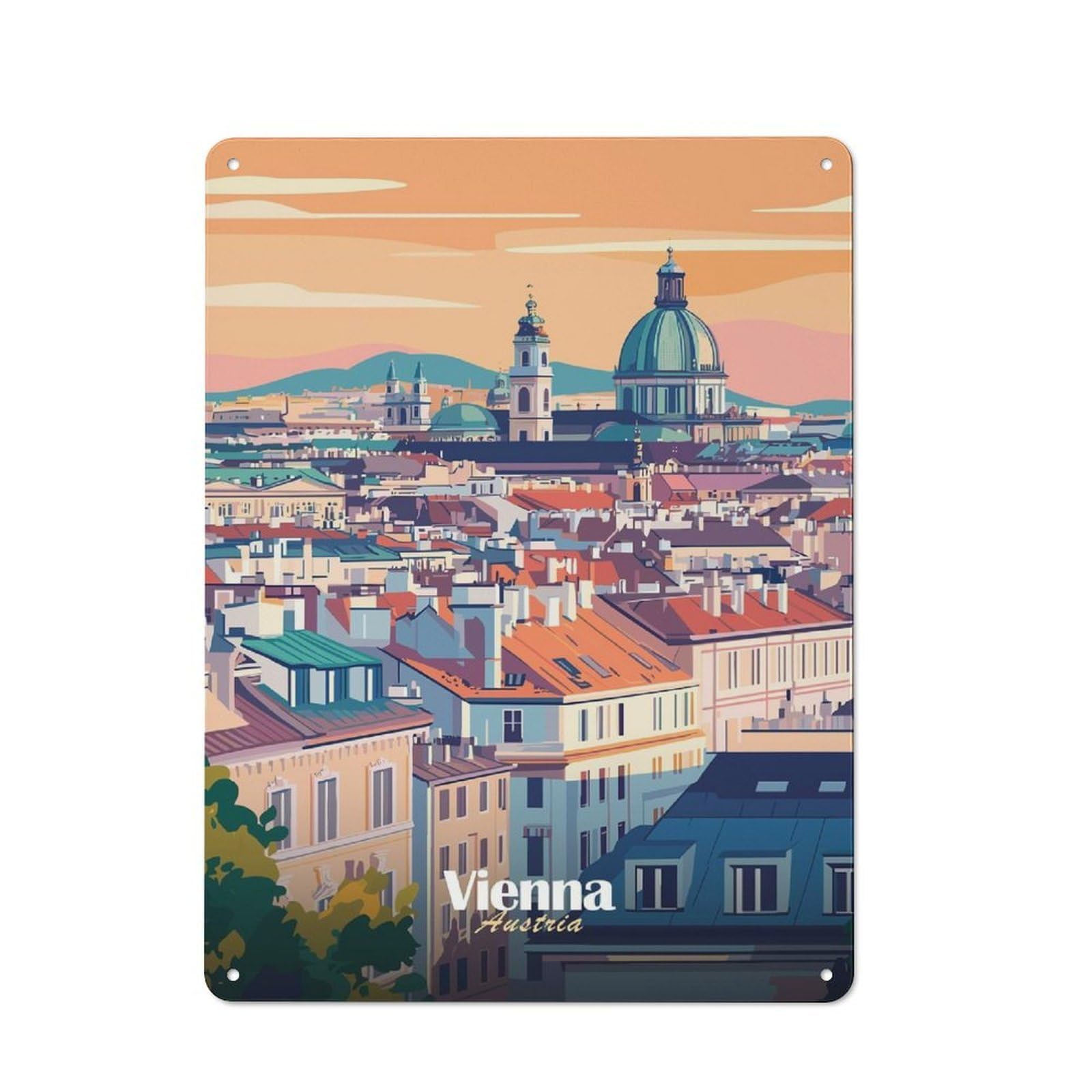 Junmoney Style-6 Tin Wall Plaque 40X30cm With Vienna Cityscape Illustration For Guest Room Or Hallway, For Garage, Workshop And Man Cave Decoration