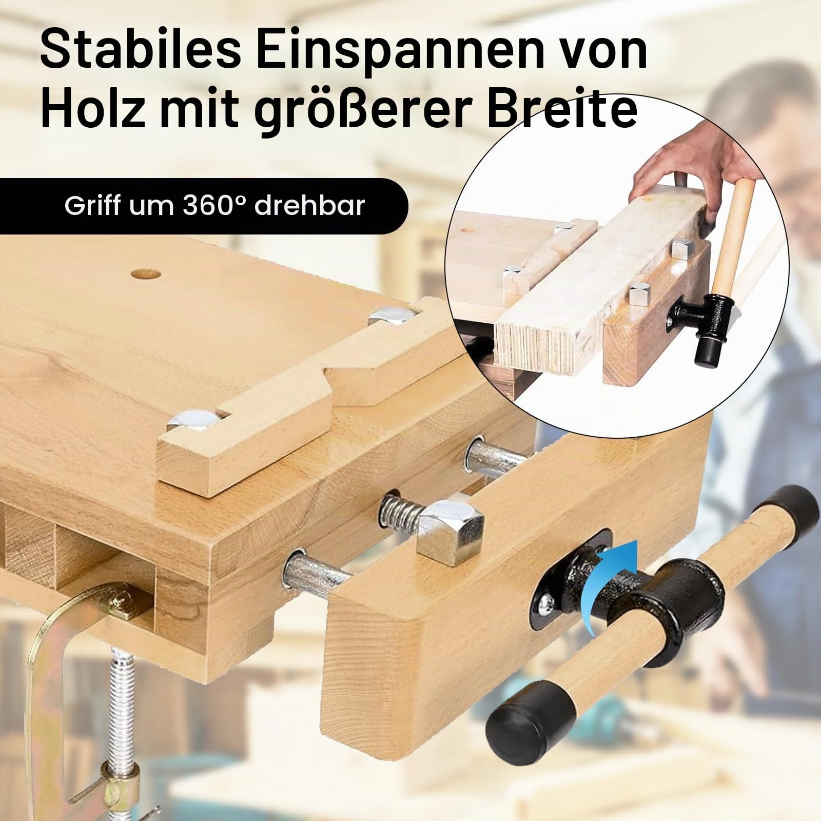 Tragbare Hobelbank, Mobile Werkbank 53x28x7 cm, Mini Werkbank aus Buchenholz Mobil Holz Schraubstock Workbench Arbeitstisch Werkstatt, Werktisch Holz für Klemmen und Hobeln