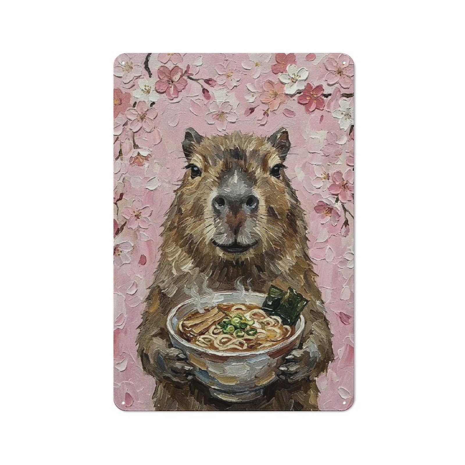 Junmoney Style-22 Capybara With Ramen And Cherry Blossoms Cottage Style Metal Wall Decor 30X20cm, Tin Wall Plaque For Kitchen, Cottage, Porch Or Garden Room