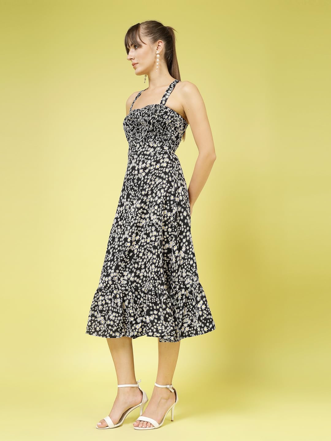 Oomph Women's Western & Fusion Wear Printed Crepe Dress For Women, Smocked Bodice, Black - Md1031