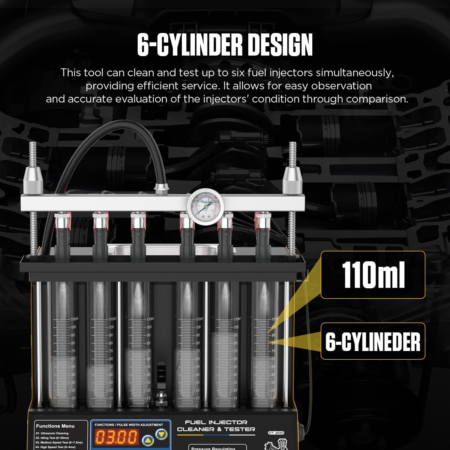 CT200 Fuel Injector Cleaner Tester 6 Cylinders Upgraded Ultrasonic Cleaning Kit with 12-in-1 Diagnostic Functions for Automotive & Motorcycle