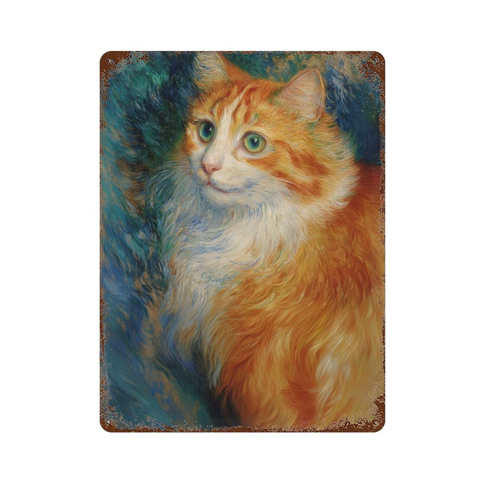 Whimsical Orange Cat Painting Rustic Tin Plaque 15.7"x11.8", Vintage Wall Decor for Garage, Pub Or Kitchen