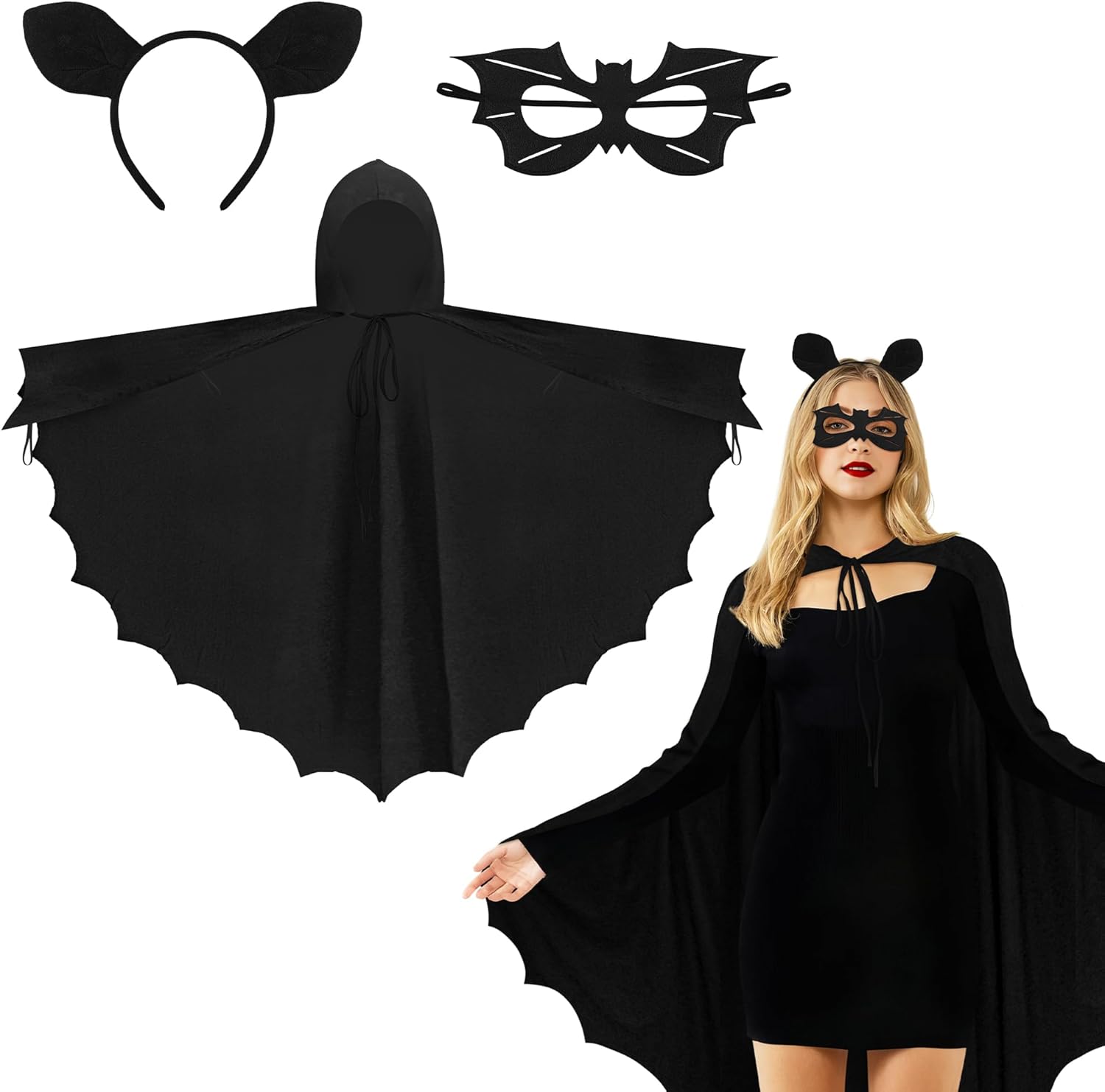 Bat Costume, Bat Wings Cloak Cape Bats Onesie with Bats Ears Headband Mask Vampire Dragon Costume for Women Men for Halloween