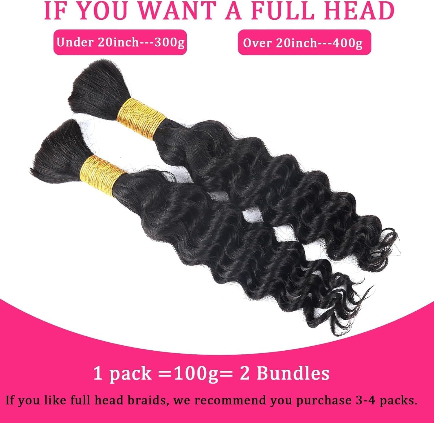 Human Braiding Hair for Boho Braids Human 100g 14 Inch Curly Boho Hair for Braiding Knotless 12A Deep Wave Bulk Bohemian 2 Bundles/Pack Natural Color - Image 2