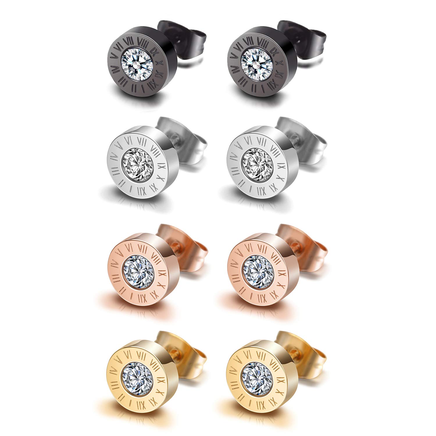 Flongo Pendientes de botón de acero inoxidable, pendientes de color negro, oro rosa, plata, con circonitas y números romanos, para hombre y mujer (4pares-modelo2)