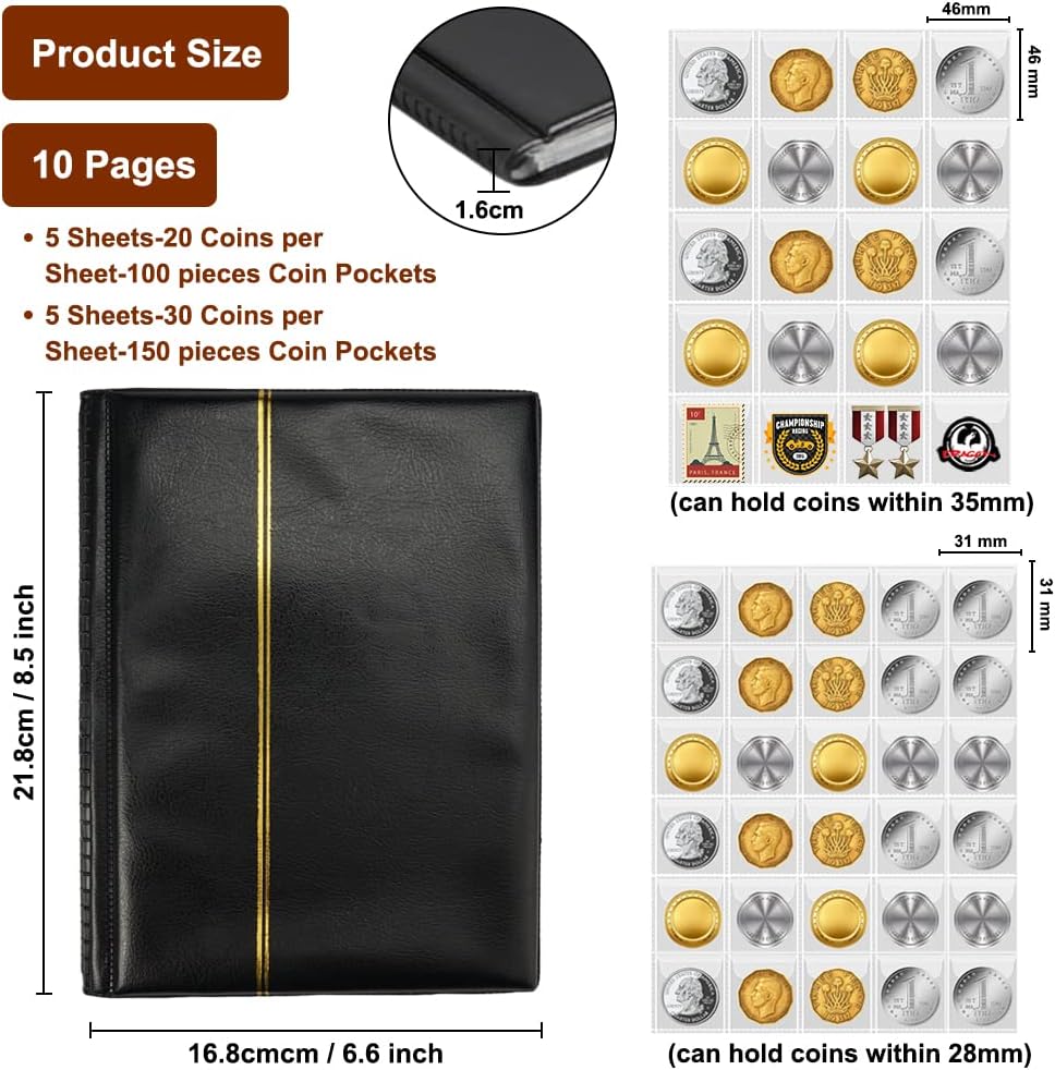 250 포켓 동전 앨범 21.8 X 16.8 CM 동전 수집 앨범 동전 스크랩북 10 페이지 동전 수집 동전 앨범 동전 스크랩북 우표  마크 메달 배지