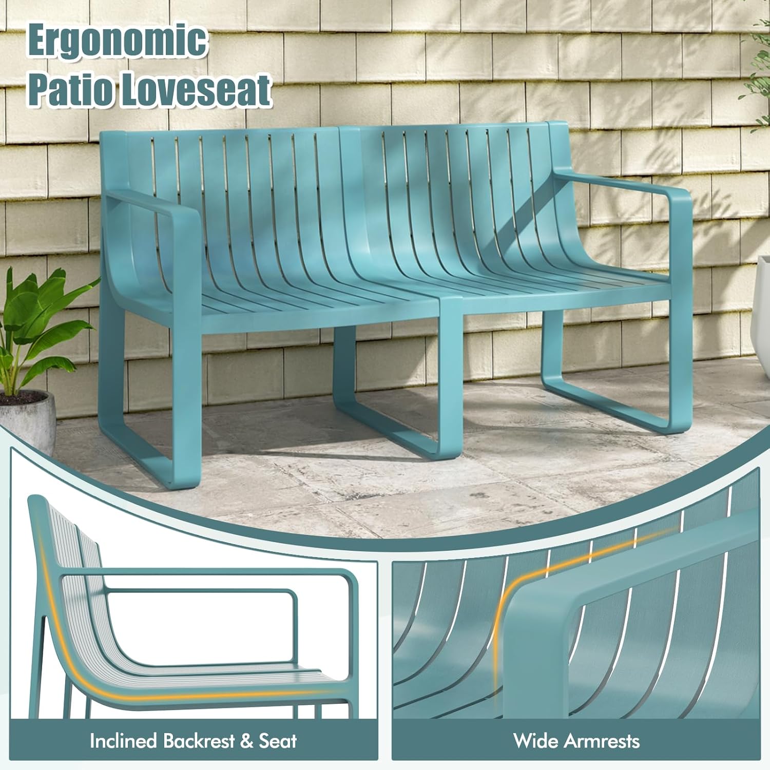 Tangkula Patio Loveseat, Weather-Resistant Plastic 2-Person Bench with Curved Backrest, Outdoor Conversation Furniture with Slatted Design for Patio, Poolside, Backyard, Garden, Deck, Lawn (Blue)