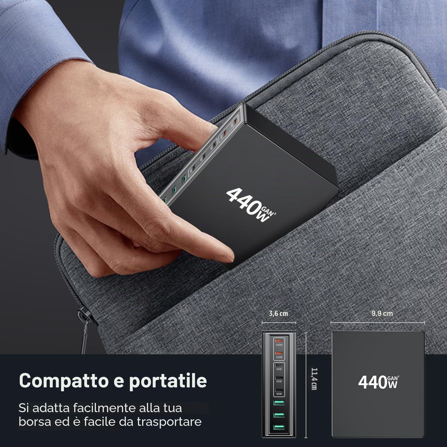 HSSNS Multiplo Caricabatterie 440W With 5 USB-C and 3 USB-A Ports - PD PPS Alimentatore for Laptop, MacBook, iPad, iPhone 16/15/14 Series, Samsung