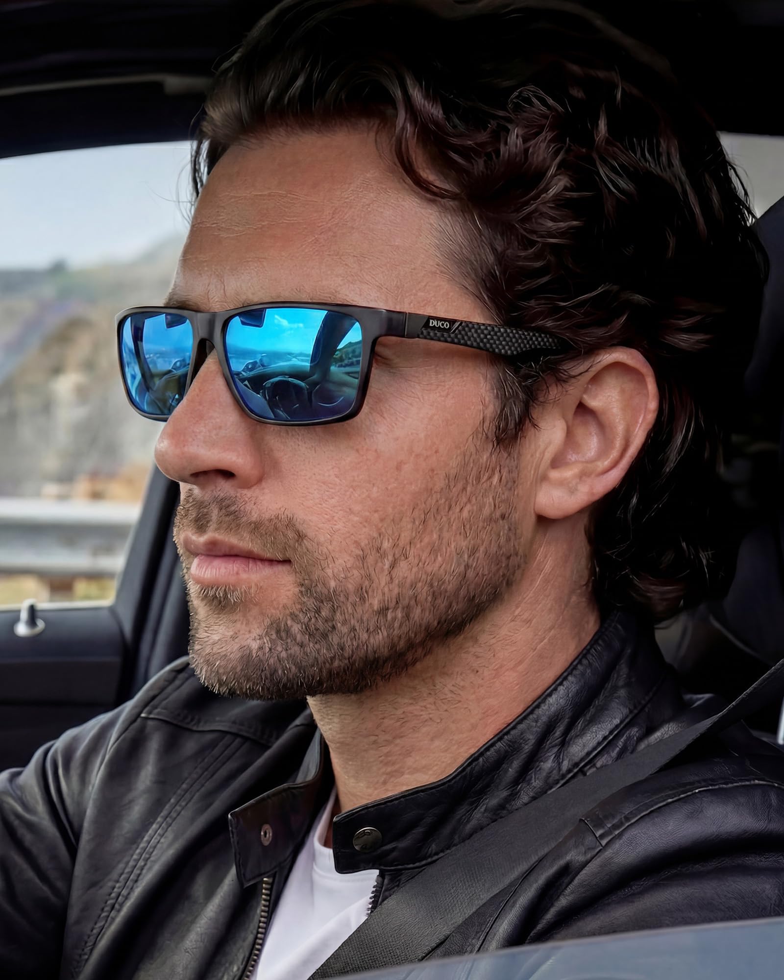 DUCO Rechteckig Herren Polarisiert Sonnenbrille mit Kohlefaser Brillenbeine | UV400 Glasses, Klassische Metallrahmen, Verstellbar Nasenpads, Nicht Drücken, Geschenk für Valentinstag Thanksgiving DC8206