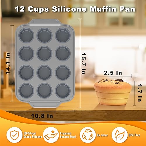 Miniatura 6 de Molde para magdalenas con marco de metal y tazas plegables de silicona, moldes de silicona resistentes y antiadherentes de grado alimenticio (gris,