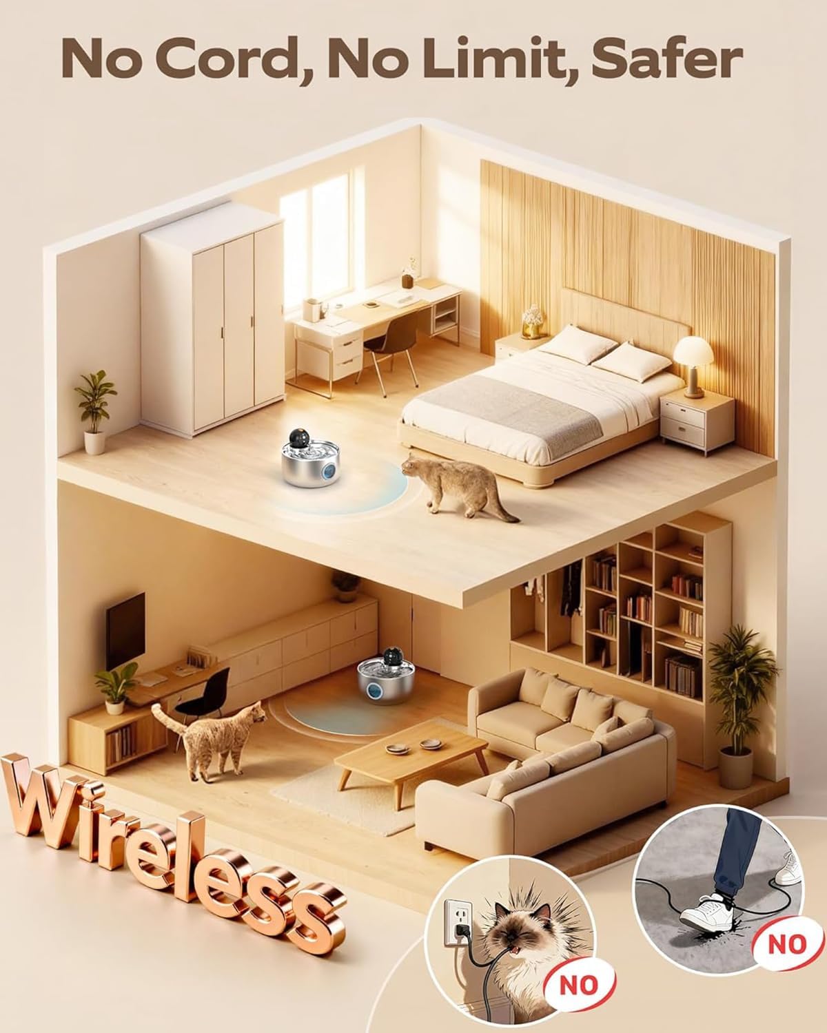 Wireless Cat Water Fountain Cordless: Stainless Steel Cat Fountains for Drinking - 88oz/2.6L Battery Operated Pet Water Fountain Indoor with Motion Sensor - Rechargeable Automatic Water Dispenser - Image 2