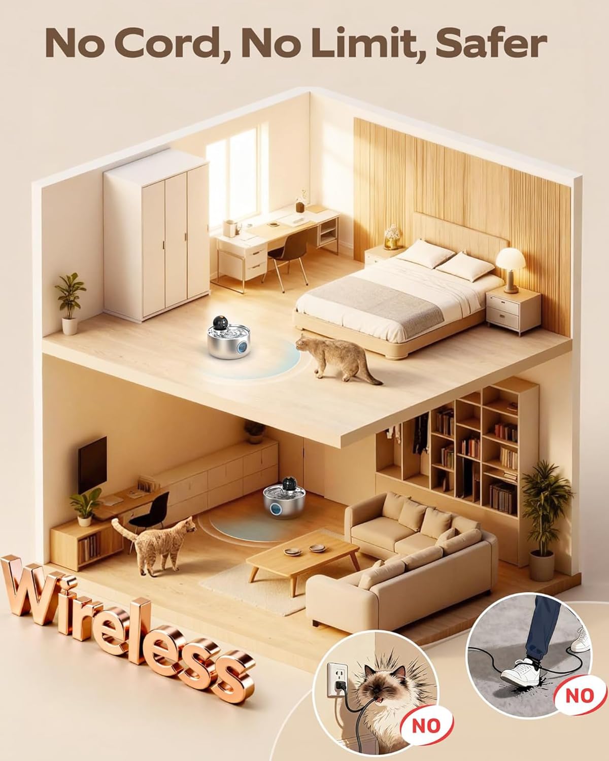 Fontanella per Gatti senza Fili: Fontana per Gatti Acciaio - 2.6L Dispenser Acqua Gatto con Sensore di Movimento - Distributore Automatico Acqua Silenziosa - Abbeveratoio per Cani Piccoli a Batteria