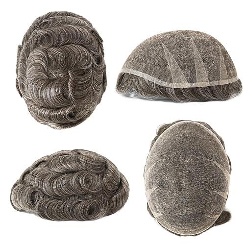 Miniatura 40 de Toupee para hombres, piezas de cabello humano, sistema de reemplazo de cabello Reak, cabello ondulado de encaje suizo natural #1B30