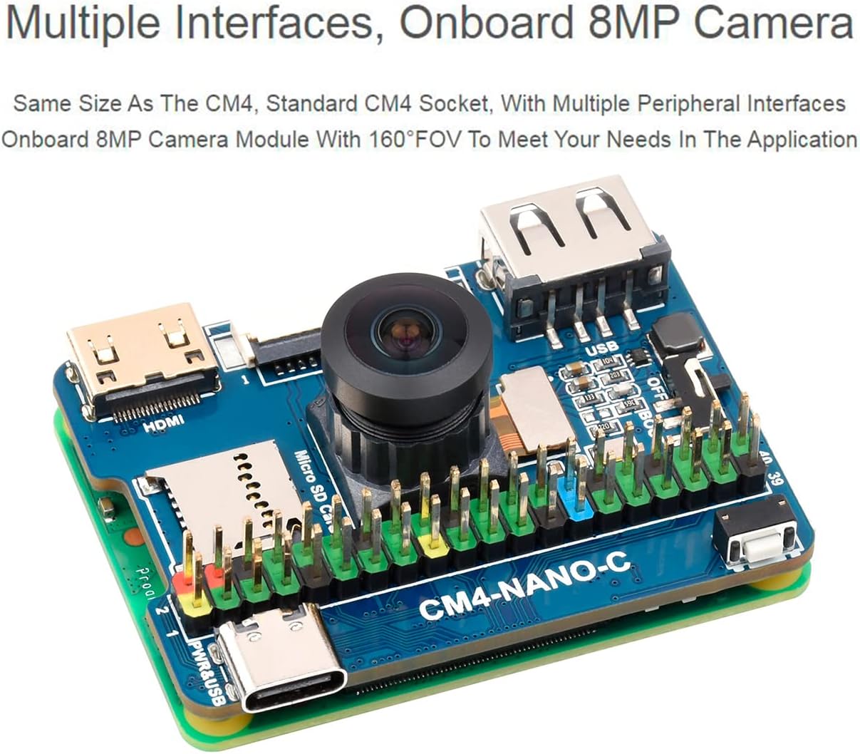 コンピュートモジュール4 Lite/eMMC用ナノベースボード、コンピュートモジュール4と同じサイズ、オンボード8MP IMX219