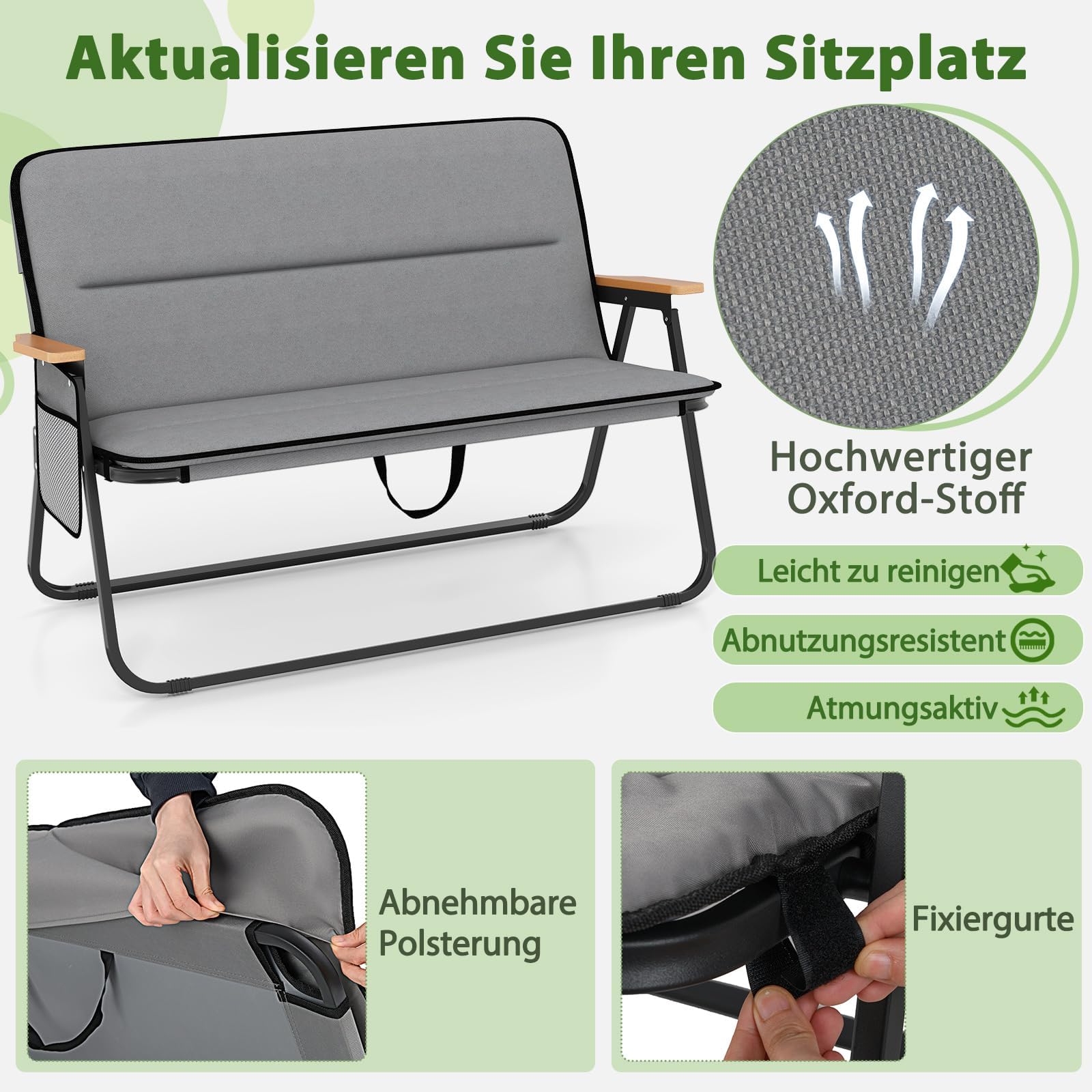 FANTASK Silla de Camping para 2 Personas, Silla Plegable con cojín extraíble, Bolsillo Lateral y reposabrazos, Capacidad de Carga de 300 kg, sofá de Camping Plegable, Color Gris