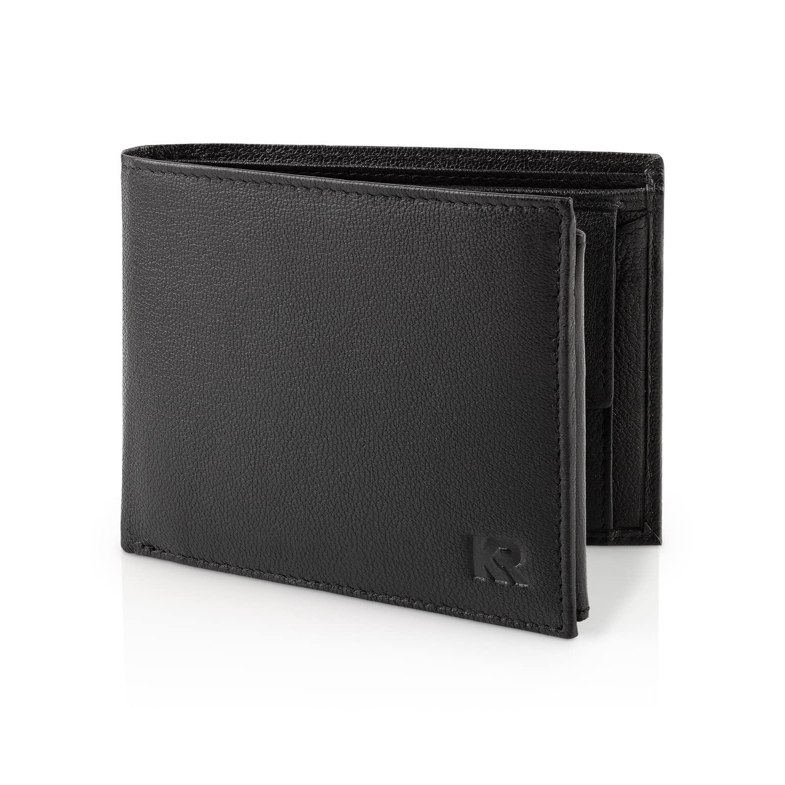 KRONIFY Leather Wallet Men | RFID Blocking | Bifold Trifold | Genuine Leather | 13 Card Slots | Coin Pocket | Reinforced Seam | Gift Box | Nappa Black