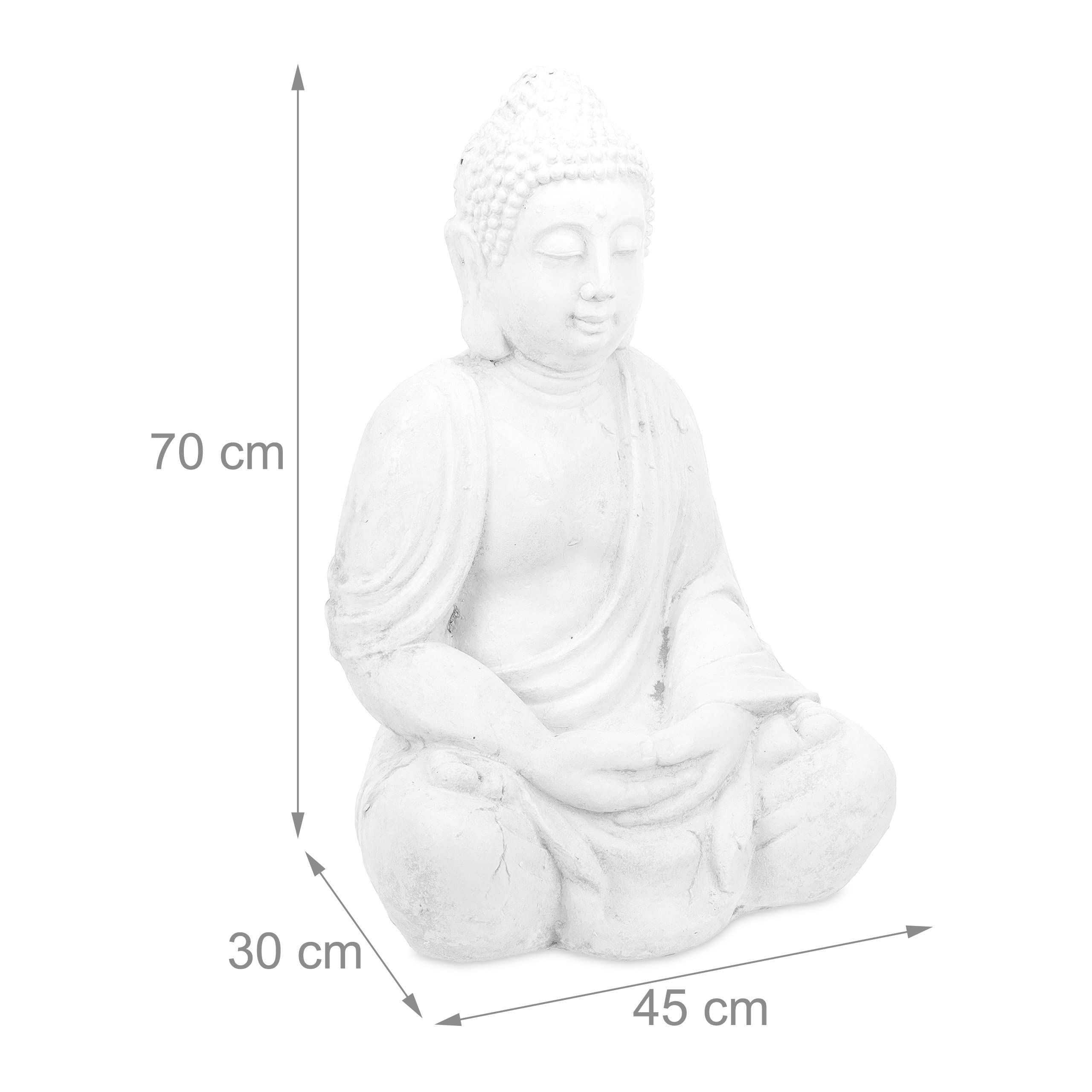Relaxdays Figura Buda Sentado, 70 cm, Decoración Jardín XL, Resistente Intemperie y Heladas, Escultura Exterior, Blanco