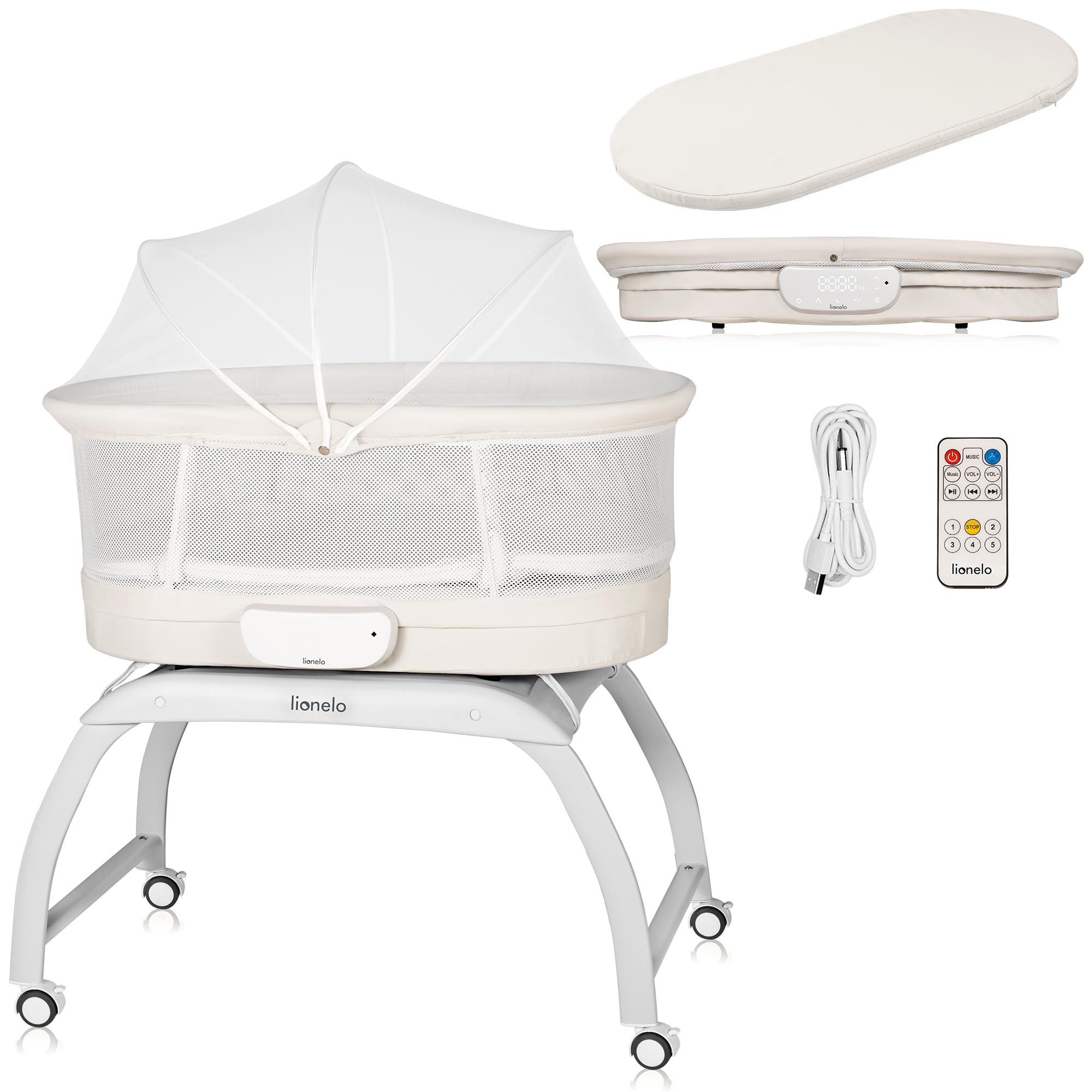 LIONELO Co-Sleeper Crib & Rocker Coral 3-in-1 with Built-in Scale, Electric Swing with 5 Speeds, 12 Soothing Melodies, Mattress, Remote Control, Timer, Mosquito Net & Wheels – from Birth