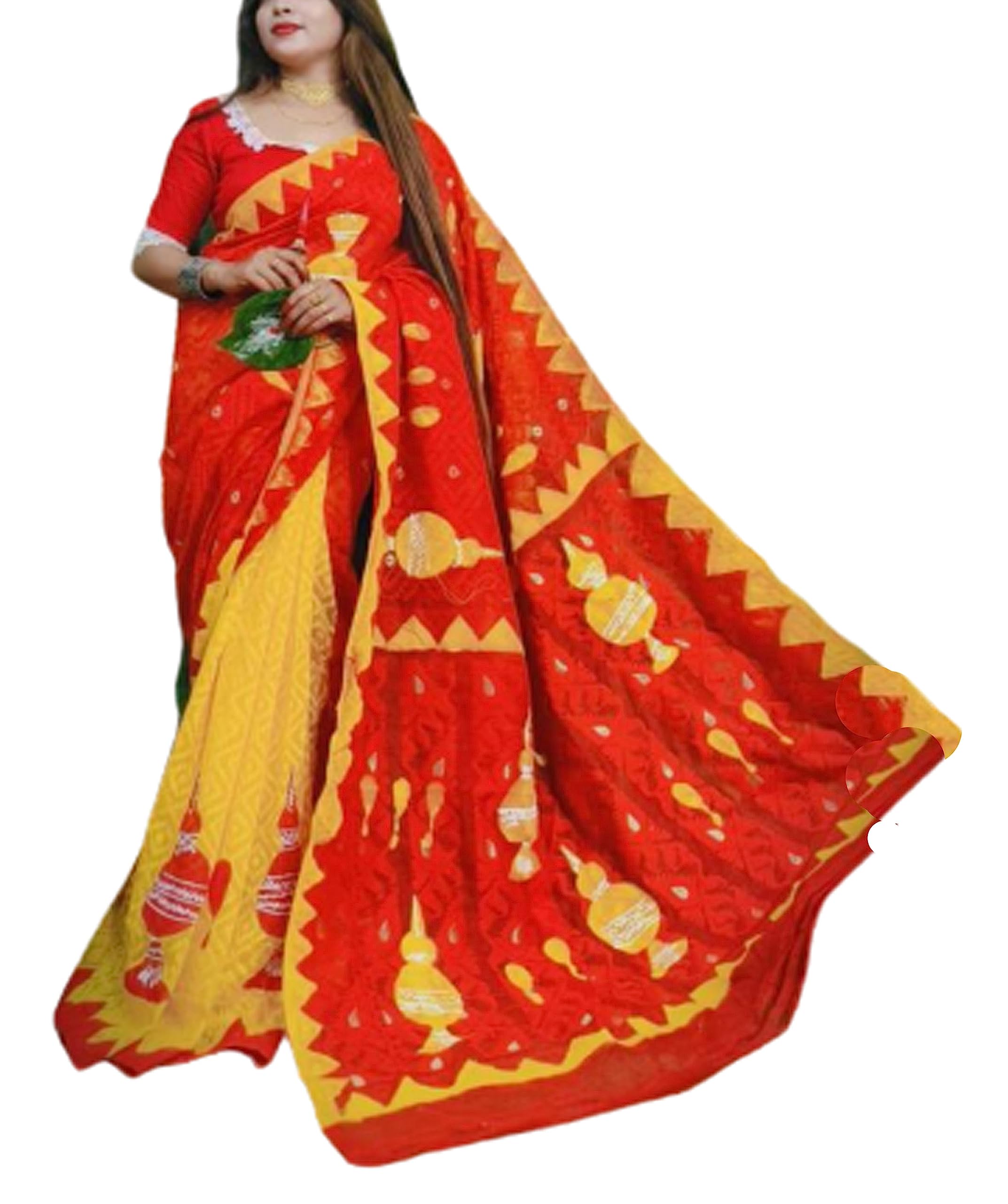 Jolly Yellow Red Marriage Wedding Saree Gaye Halud Haldi Sindur Kouta Cotton - Red