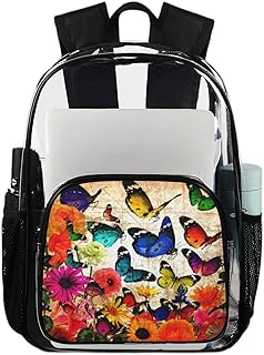 Lindas flores borboletas mochila transparente mochila resistente, mochila transparente impermeável de PVC mochila transparente com alça de ombro reforçada para escola, trabalho, viagens, Multicor