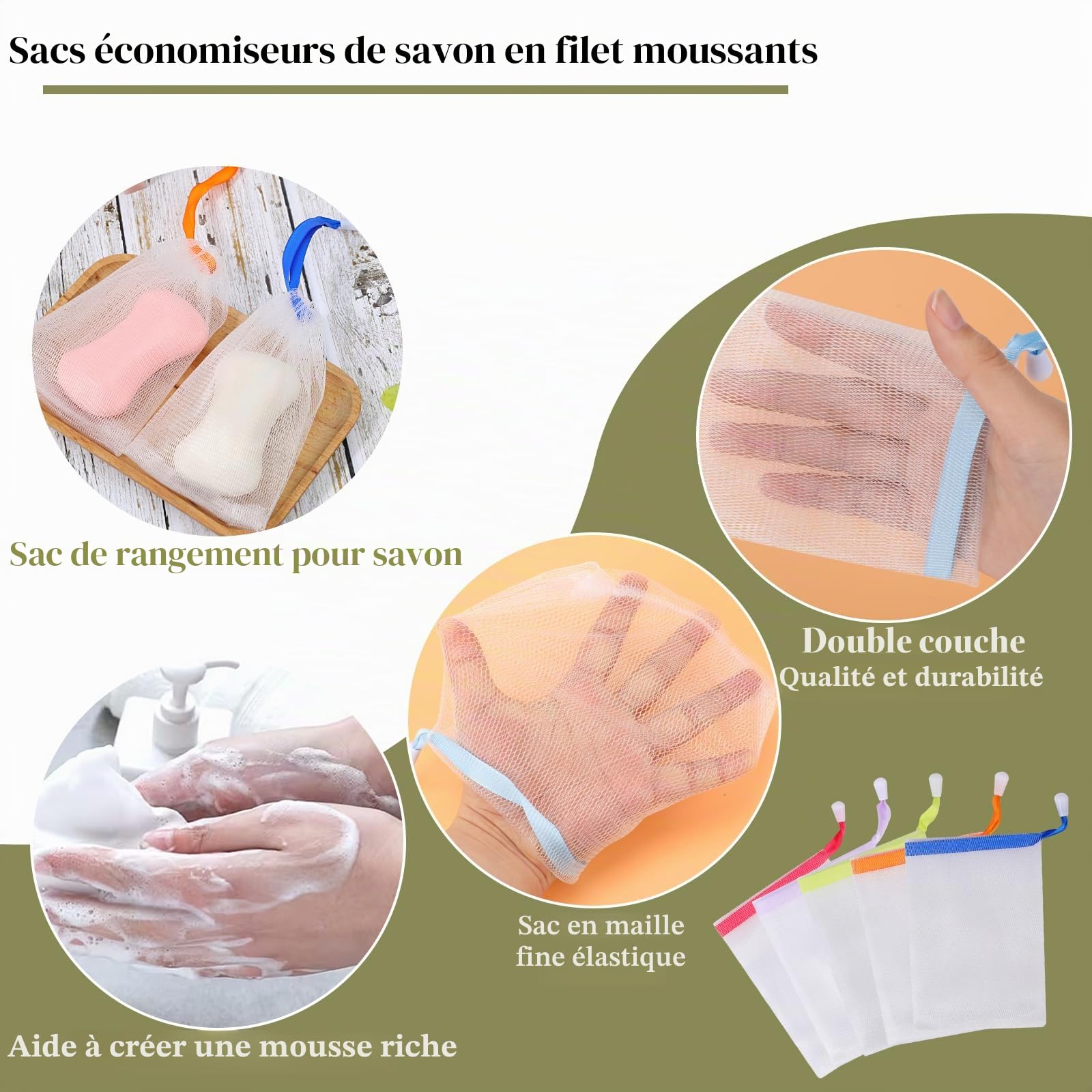 Lot de 10 sacs à savon en nylon - Filet de nettoyage du visage - Filet à savon - Filet en mousse - Pour le bain et le visage