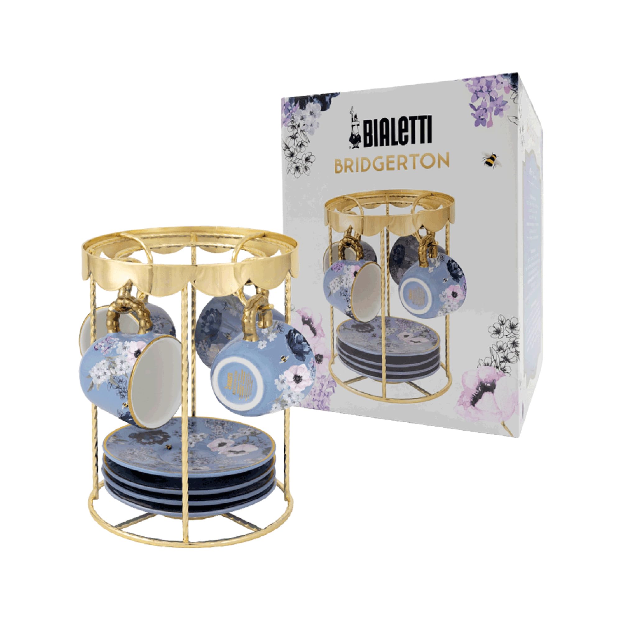 Bialetti - Bridgerton Set Giostra 4 tazzine e piattini 65ml, Porcellana e Ferro