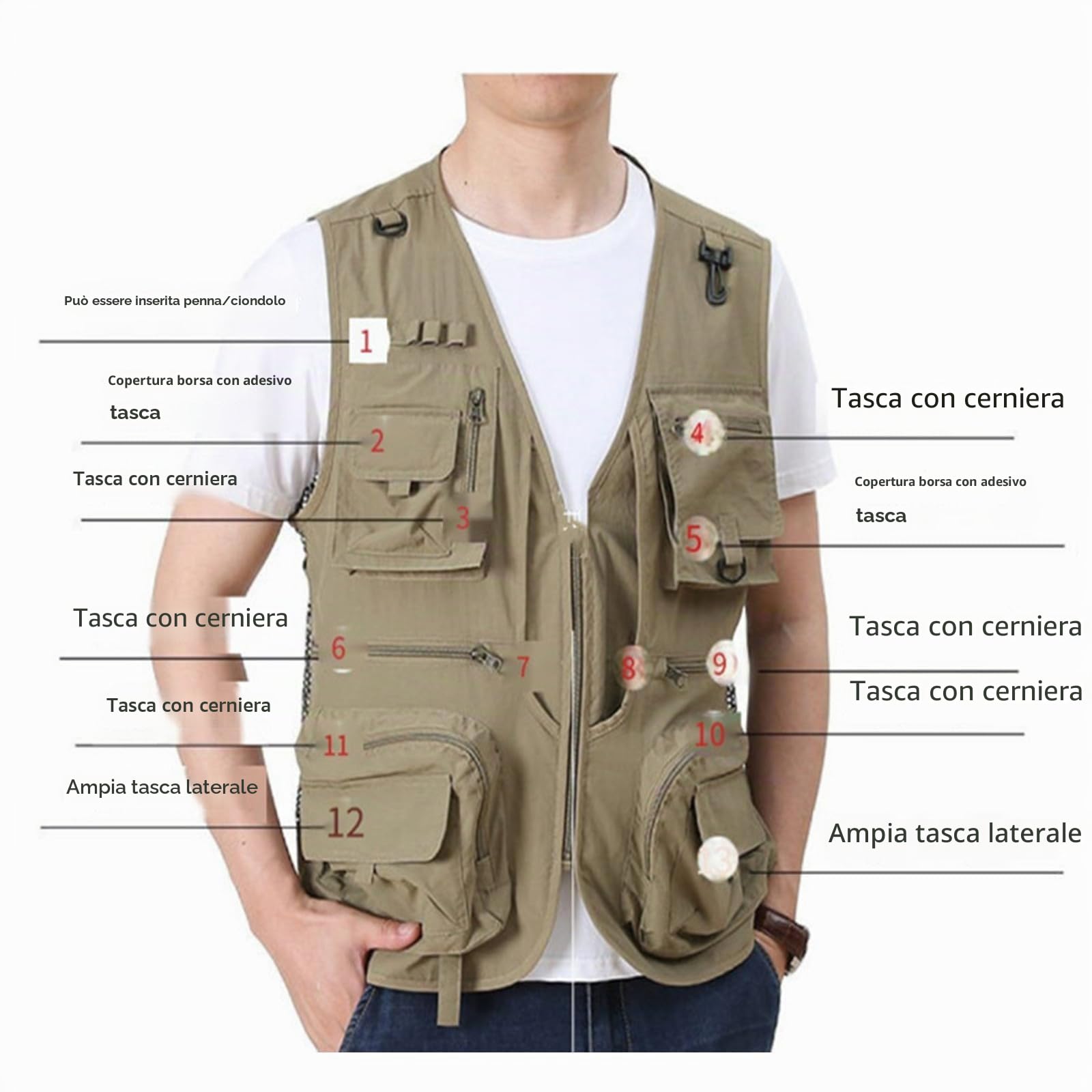 Gilet cargo in rete traspirante con zip, gilet estivo da lavoro da uomo con tasche, gilet tattico ad asciugatura rapida multi-tasca, Blu, L