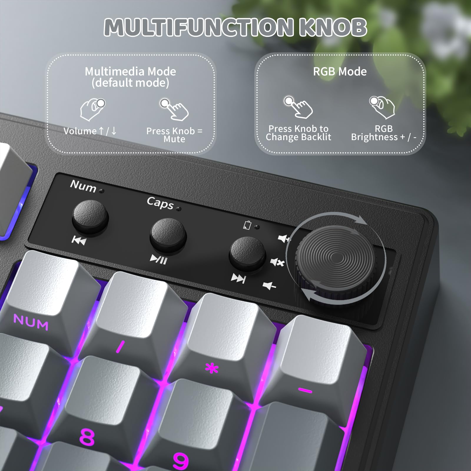 FREEWOLF K100 Tastiera Gaming Senza Fili RGB con Tastierino Numerico, Connessione Bluetooth/2.4G Senza Fili/USB-C Cablata, Tasti Incisi sui Lati in PBT Gradiente, 4000mAh, Manopola Multimediale - Nero