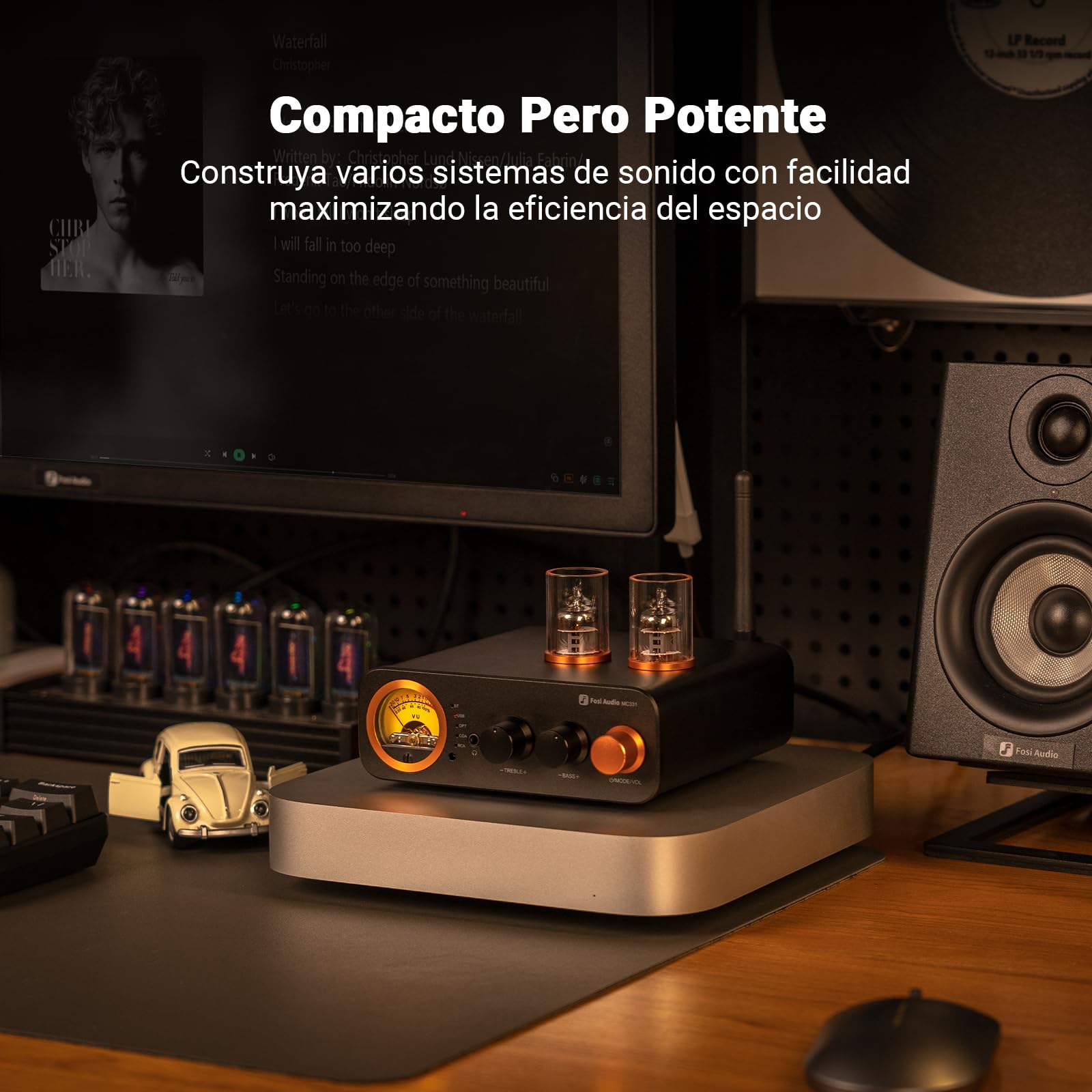 Fosi Audio MC331 Amplificador Integrado de Tubo con DAC, Amp de Potencia Estéreo de Audio Doméstico de 2.0 para Altavoces de Estantería/Auriculare de 3,5 mm, Preamp de Medidor VU Vintage con Bluetooth