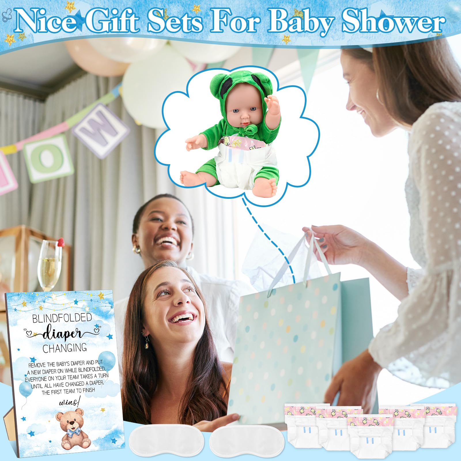 Seeloowy 17 Pcs Blindfolded Dirty Diaper Baby Shower Games Boys Girls