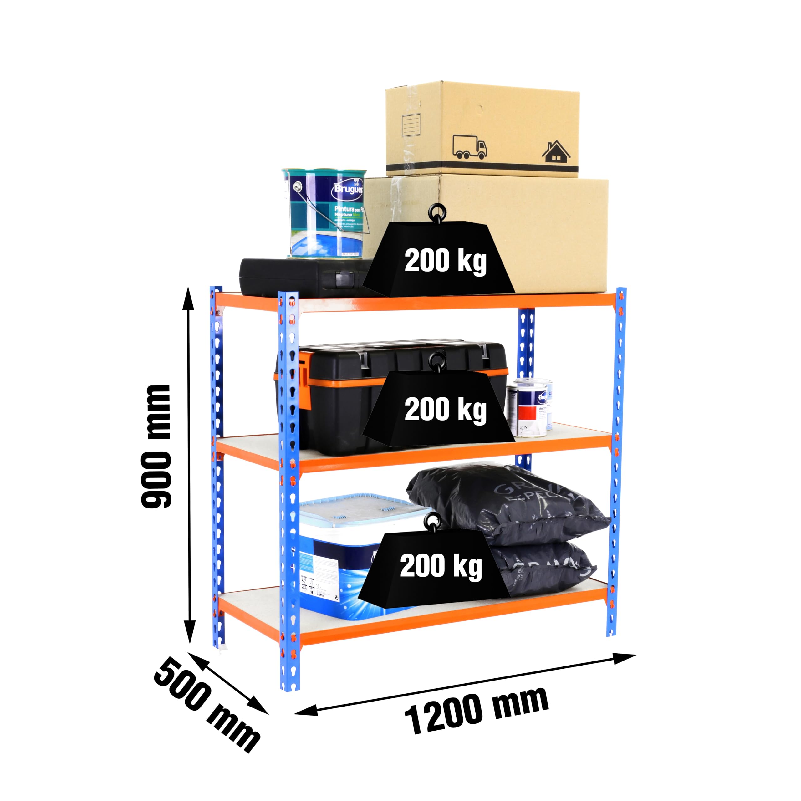 PROREGAL Scaffale per carichi pesanti BABY MULI | AxLxP 90x120x50cm | 3 ripiani | Portata per ripiano 200kg | Blu-arancio | Scaffale di stoccaggio Scaffale della cantina Scaffale da officina