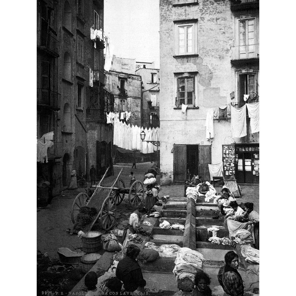 Wee Blue Coo Street Laundry Naples Italy 1895 Vintage Old BW Art Print Poster Wall Decor 12X16 Inch