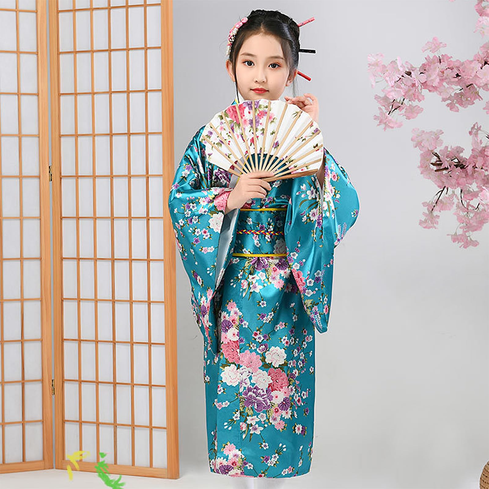 TINAYAUE Kimono Japonais Enfant, Robe de Bain avec Ceinture obi complète pour Photos, Cosplay, Performance Scolaire et Photos, Couleur variés, Taille 100/100/140cm, modèle à Fleurs de Cerisier