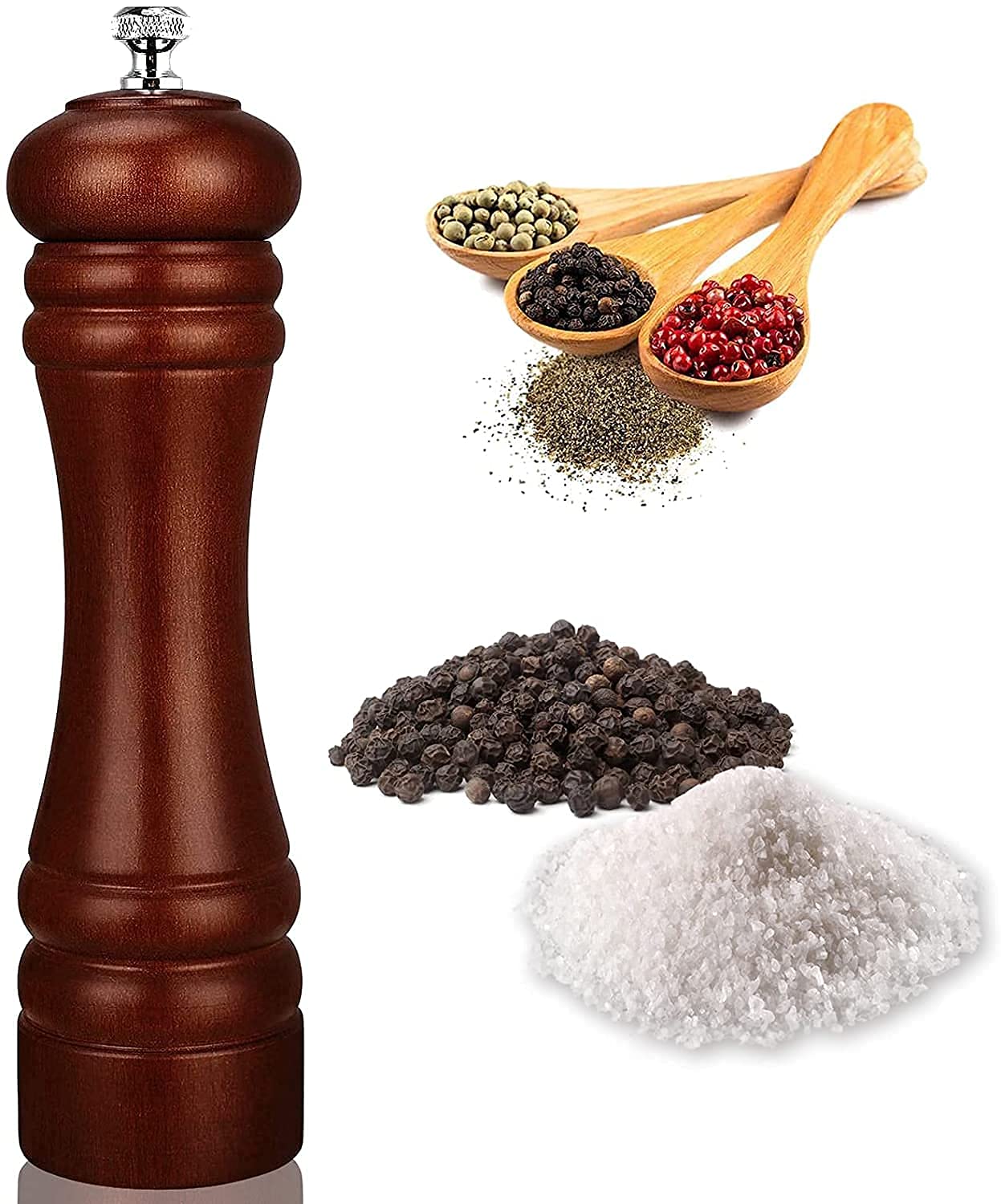 SCILLA Salt and Pepper Grinder, Refillable Salt & Pepper Shakers with Adjustable Coarse Mills, Easy Clean Ceramic Grinders (Wooden)
