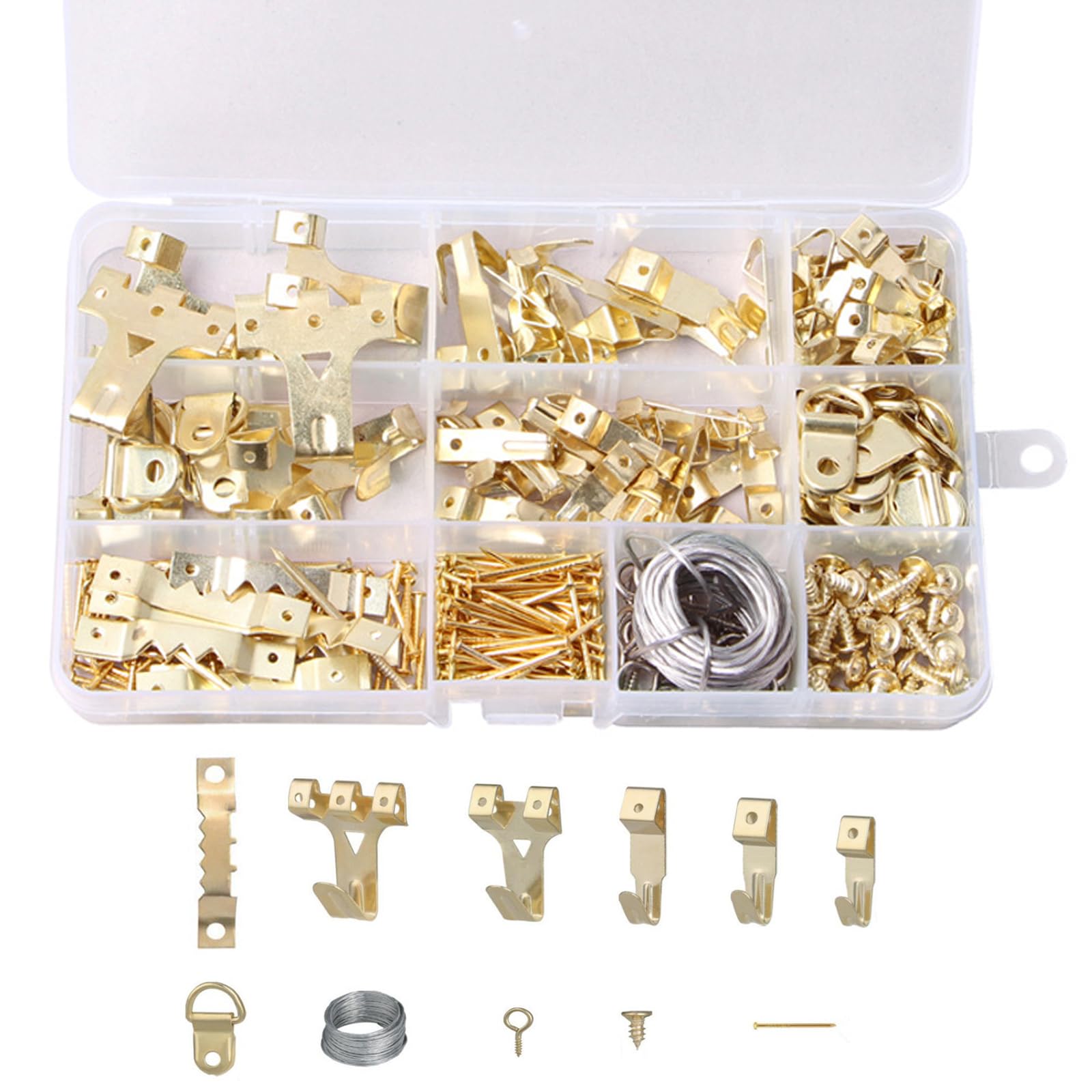Wmymon Gold 220Pcs Picture Hanging Kit With Picture Wire, Nails, Sawtooth, D Ring, Screw Eyes, Picture Hanging Hooks For Hard Walls