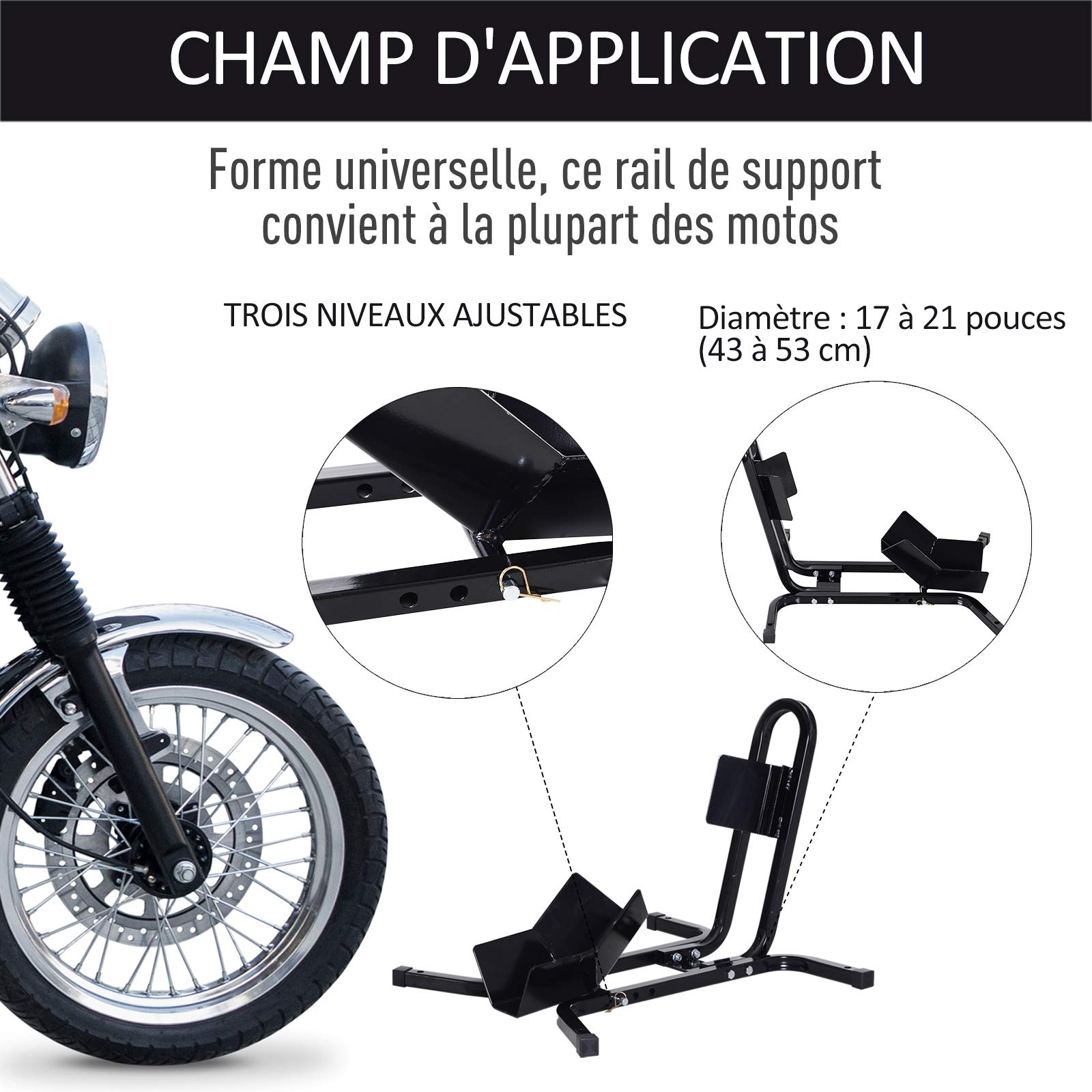 HOMCOM Lève moto béquille d'atelier support roue moto support béquille moto - bloque roue 17 à 21 pouces métal époxy noir