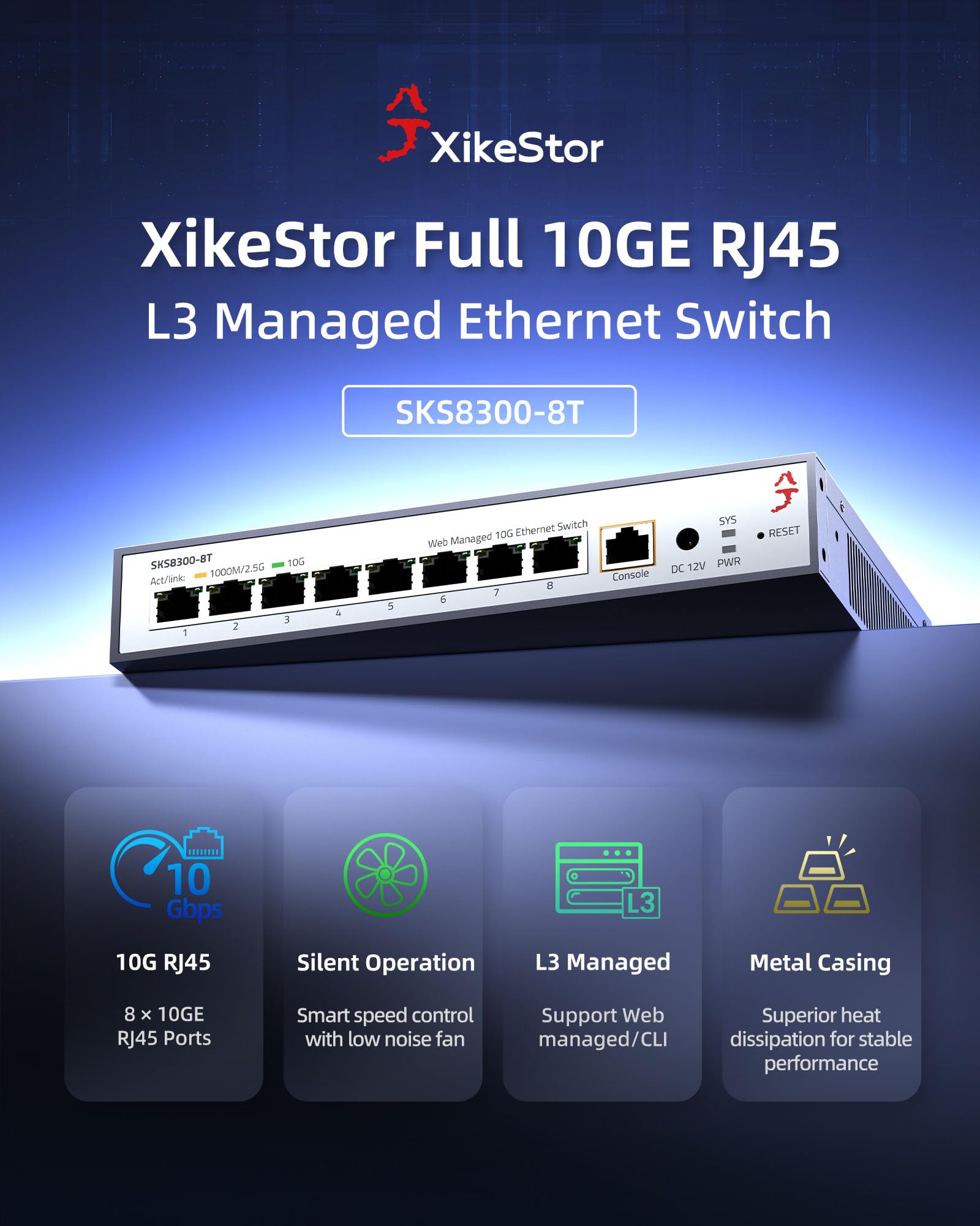 XikeStor 8 × 10 Gb Ethernet Switch (Web management, Fan Cooling, controllo ventola, QoS, IGMP Snooping, ideale per NAS 2.5G, server, gaming, WiFi 6 AP, video 4K) metallo, desktop/parete/rack