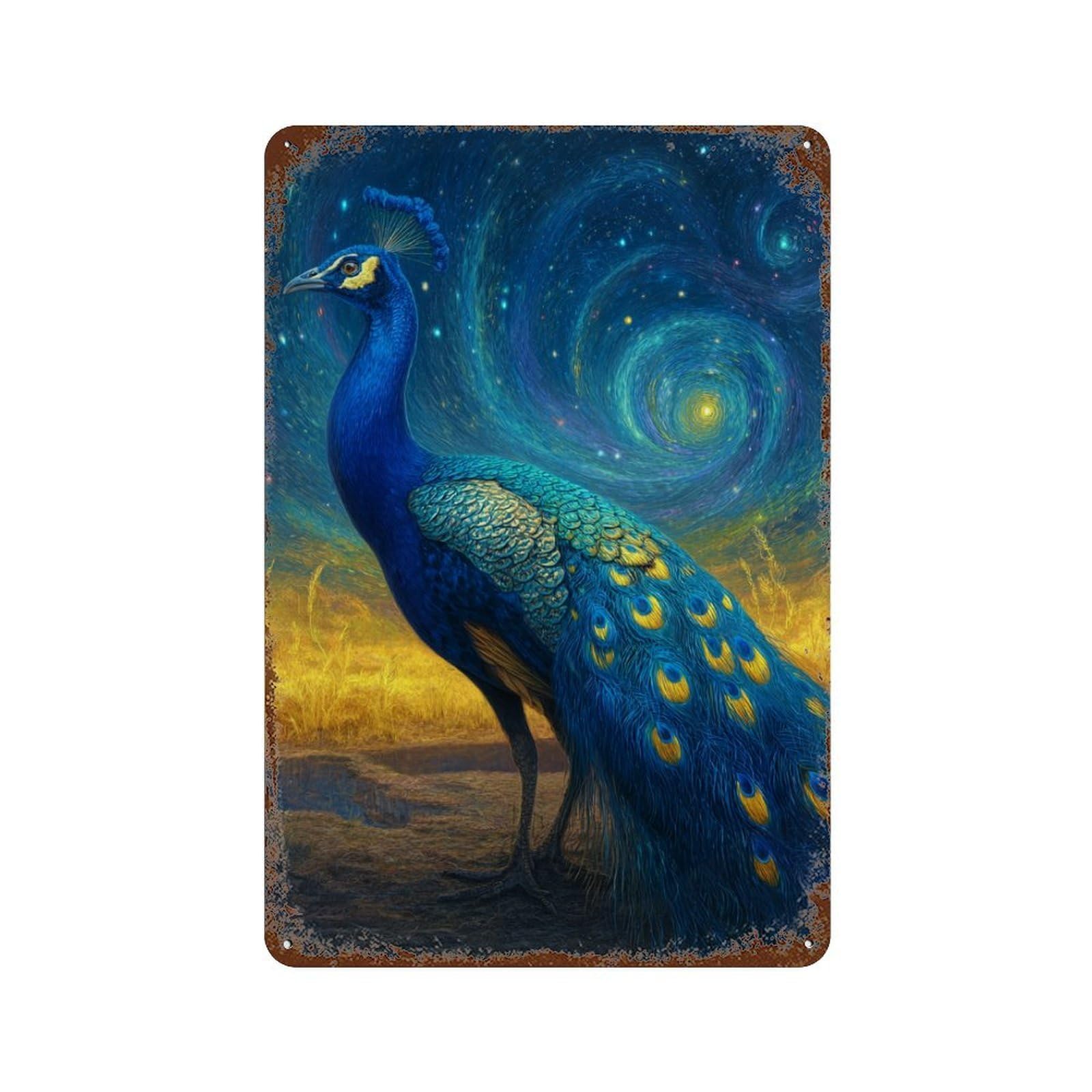 Starry Night Peacock Art Print Distressed Metal Wall Sign 11.8"x7.9", for Farmhouse, Kitchen And Entryway Decor, Rustic Home Decor