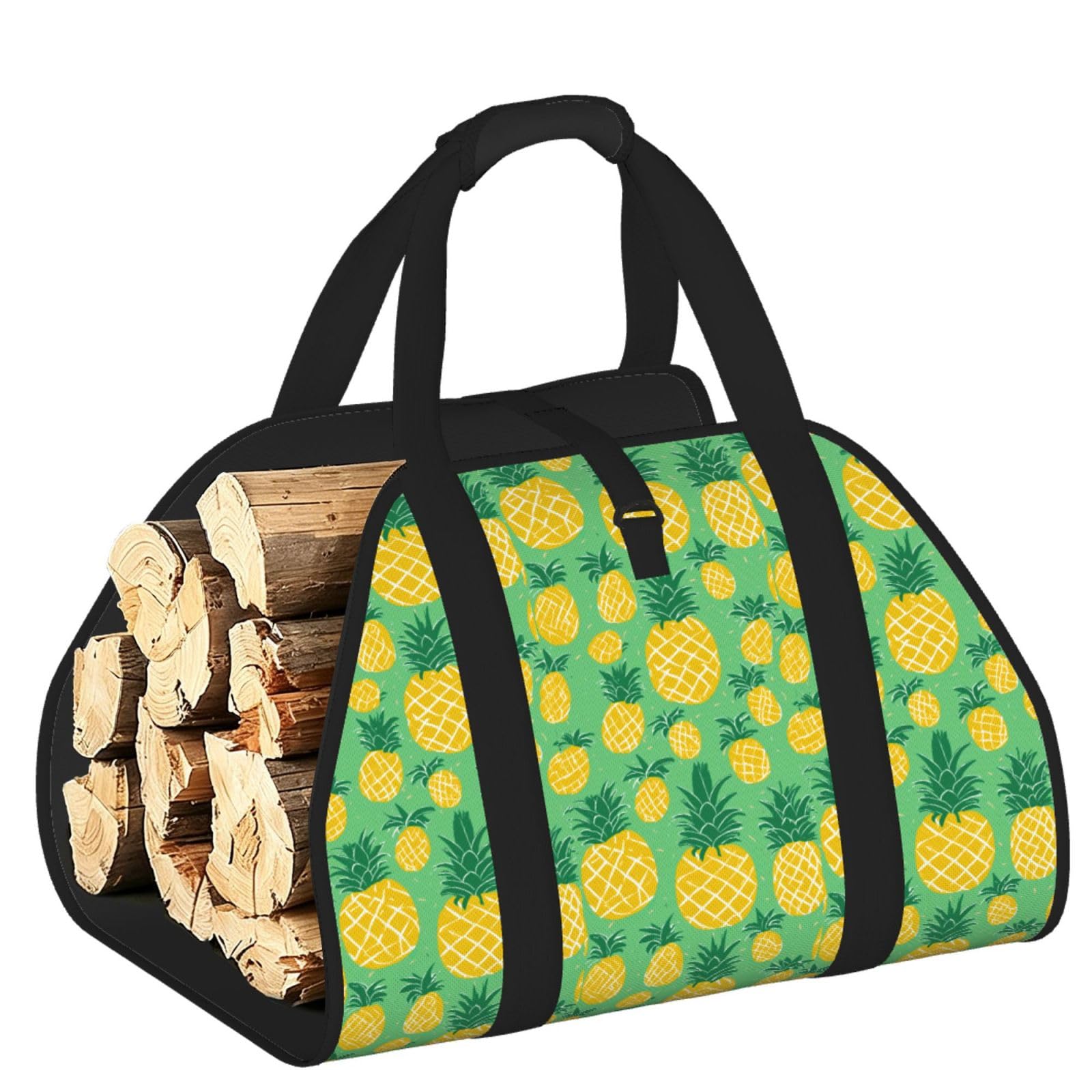 Pphgut Black Gold Pineapple Background Print Firewood Bag Wood Carrier Transport Sack Camping Picnic Storage Daily Home