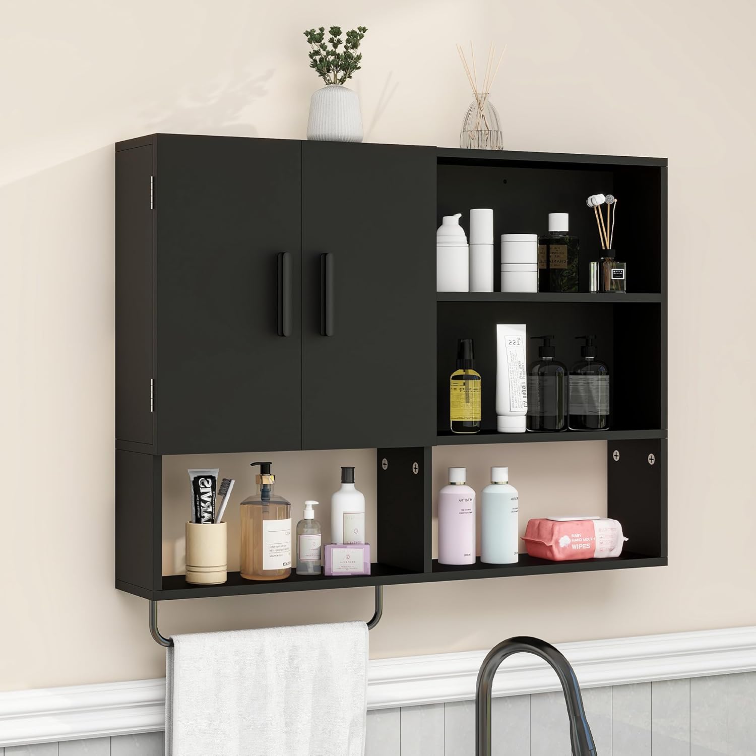 Medicine Cabinet, Wooden Bathroom Wall Cabinet with 2 Doors, Adjustable Shelves & Towel Bar, Over Toilet Storage Cabinet Wall Mounted for Kitchen & Laundry, Black