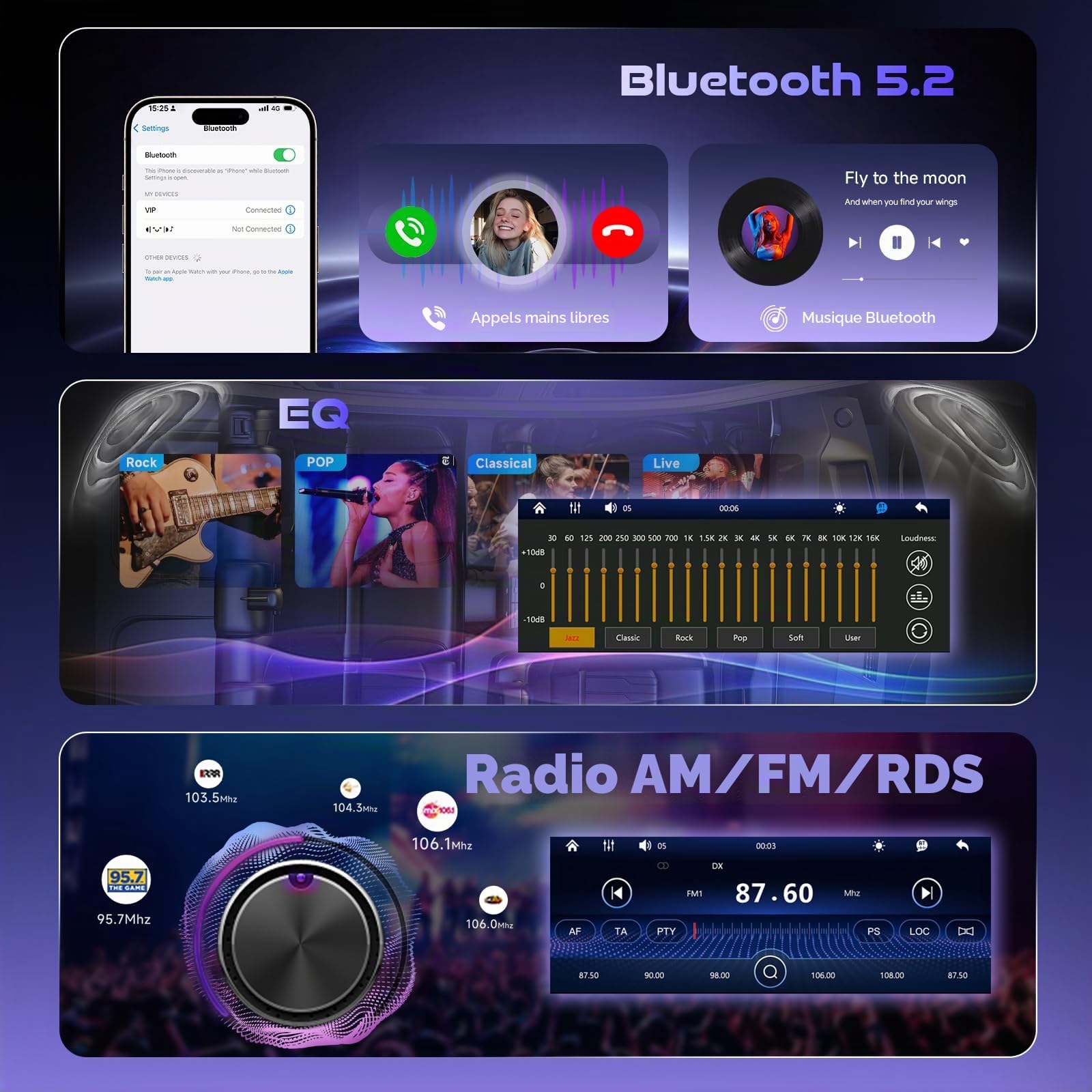 Hodozzy Autoradio 1 Din avec CarPlay Android Auto sans Fil, Ecran Tactile Incell 6,5 Pouces Poste Radio Voiture avec Bluetooth 5.2, Radio AM/FM/RDS, EQ, Lien Miroir, SWC, USB/Type-C+ Caméra de Recul