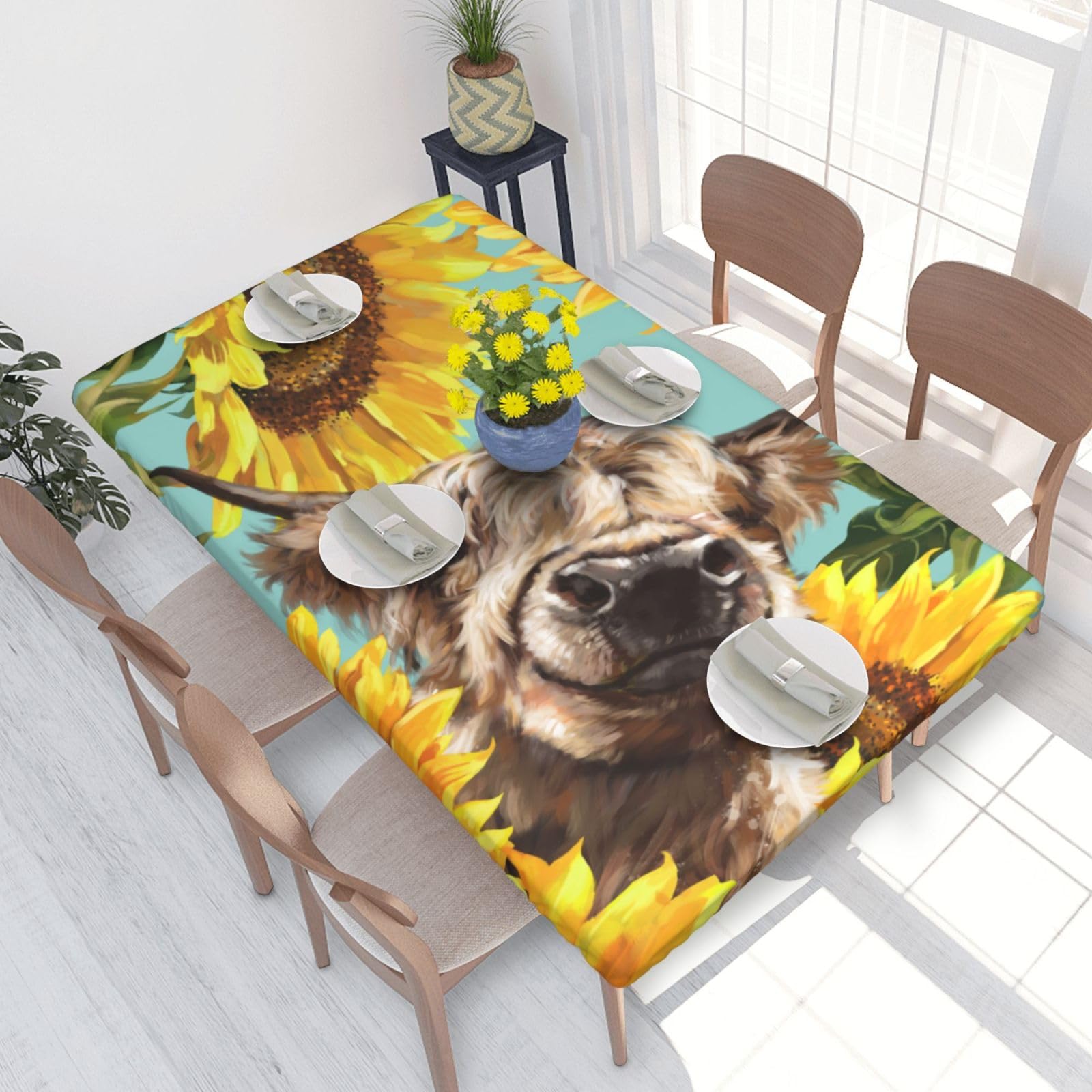 BNVSADC Cow with Sunflowers in Blue Printed 4FT Tablecloth 122x76 CM Polyester Kitchen Water Resistant Table Cloth Dining Table Decoration Table Covers
