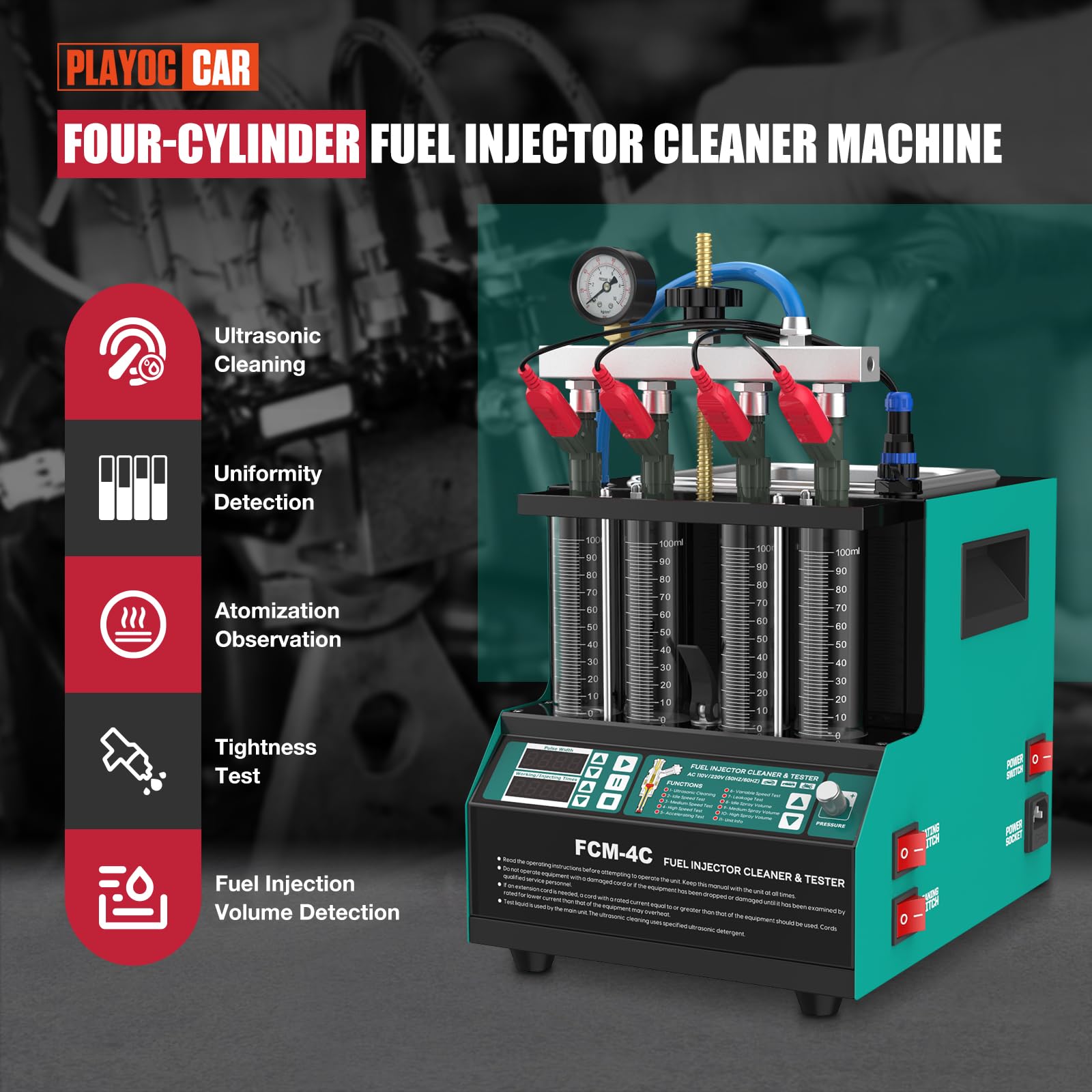 PLAYOCCAR 220 V Car Fuel Injector Cleaner & Tester, Fuel Injector Cleaning Device, 4 Cylinders with Ultrasonic Fuel Injector Cleaner Liquid Heater - 2