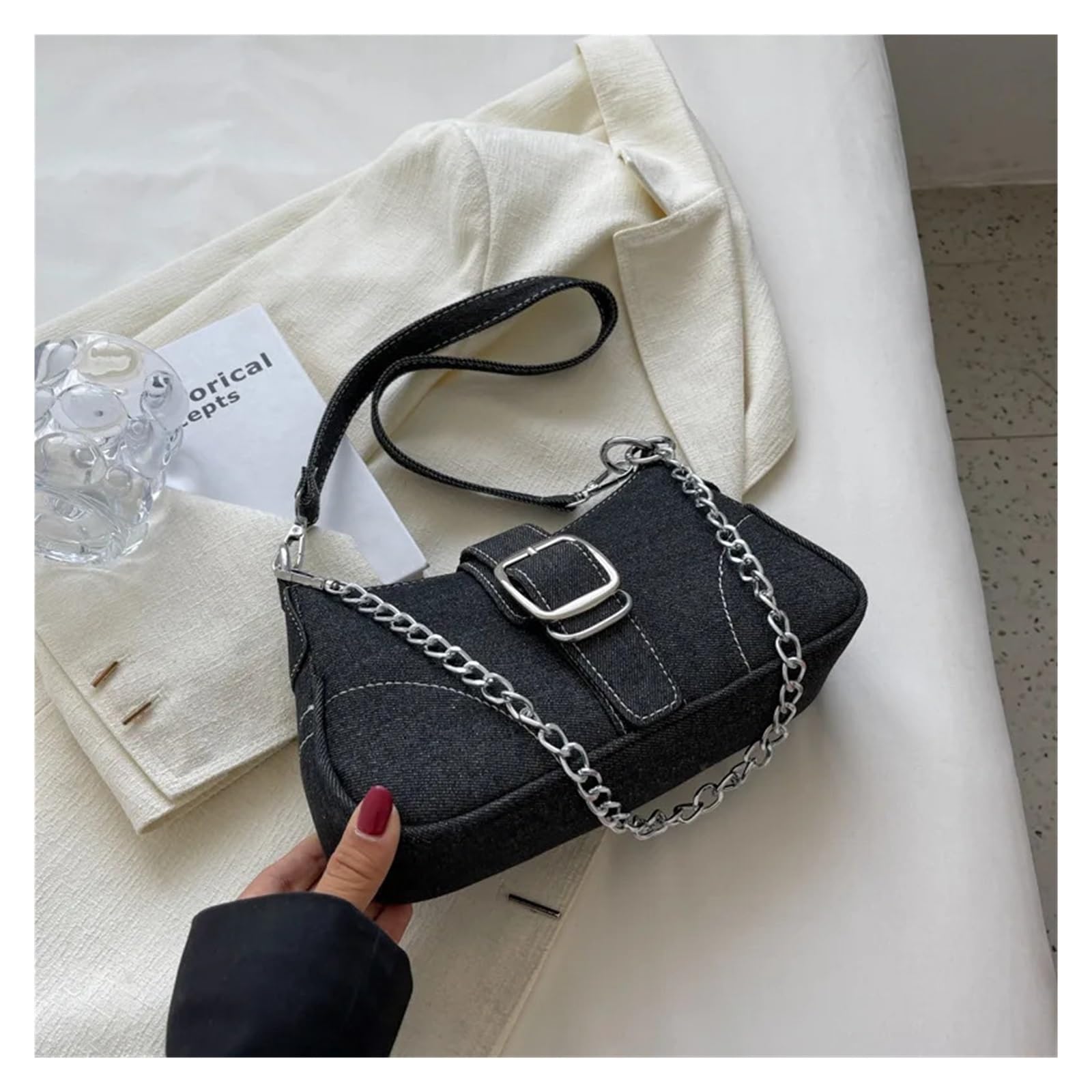 Borsa Jeans Donna Borsa a tracolla in denim, borsa a tracolla con catena, borsa da ascella, borsa a mano, borsa da donna retrò