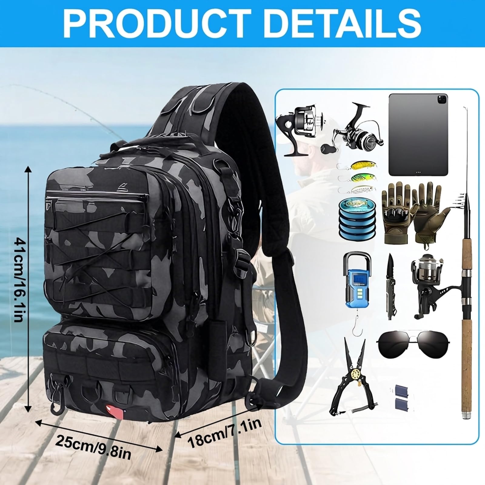 Angelrucksack mit Rutenhalter, Wasserdicht Angeltaschen 18L, Angelausrüstung Rucksack Groß mit Reflektierende Streifen für Angeln, Wandern, Radfahren, 41x18x25cm(Schwarz)