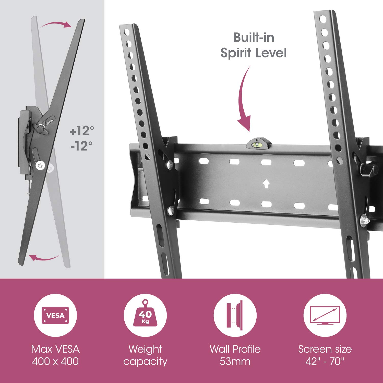 Soporte de Pared para TV de 42 a 70 Pulgadas, SLx Posición inclinable Fuerte Perfil Delgado Soporte de TV MAX VESA 400 x 400 con Nivel de Burbuja Integrado y Kit de fijación de Pared, 28084R/14